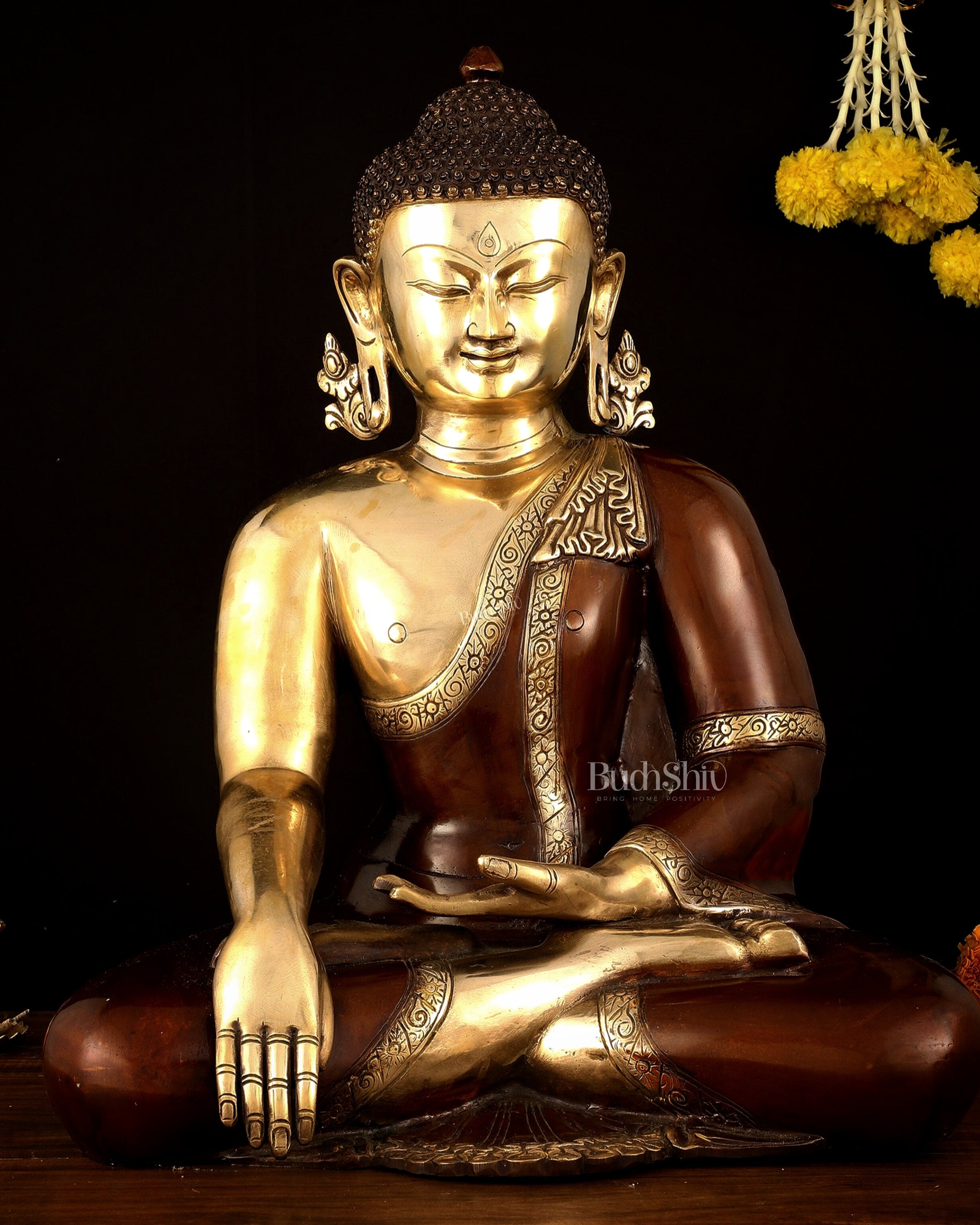 Pure Brass Buddha in Bhumisparsha Mudra Statue - 21" | large size