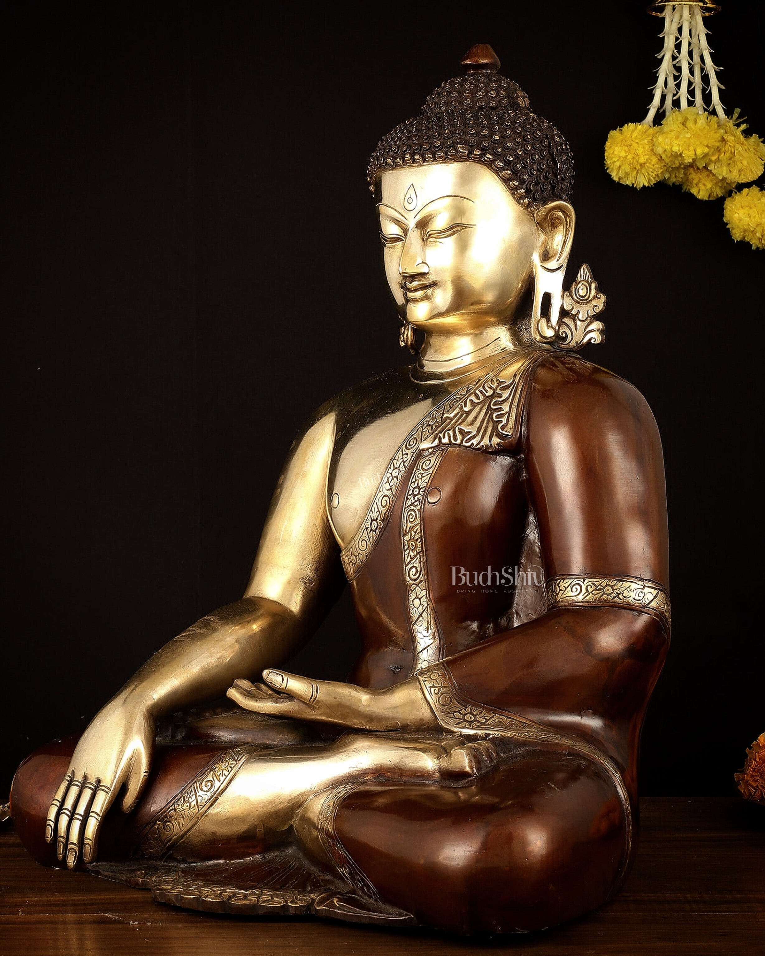 Pure Brass Buddha in Bhumisparsha Mudra Statue - 21" | large size