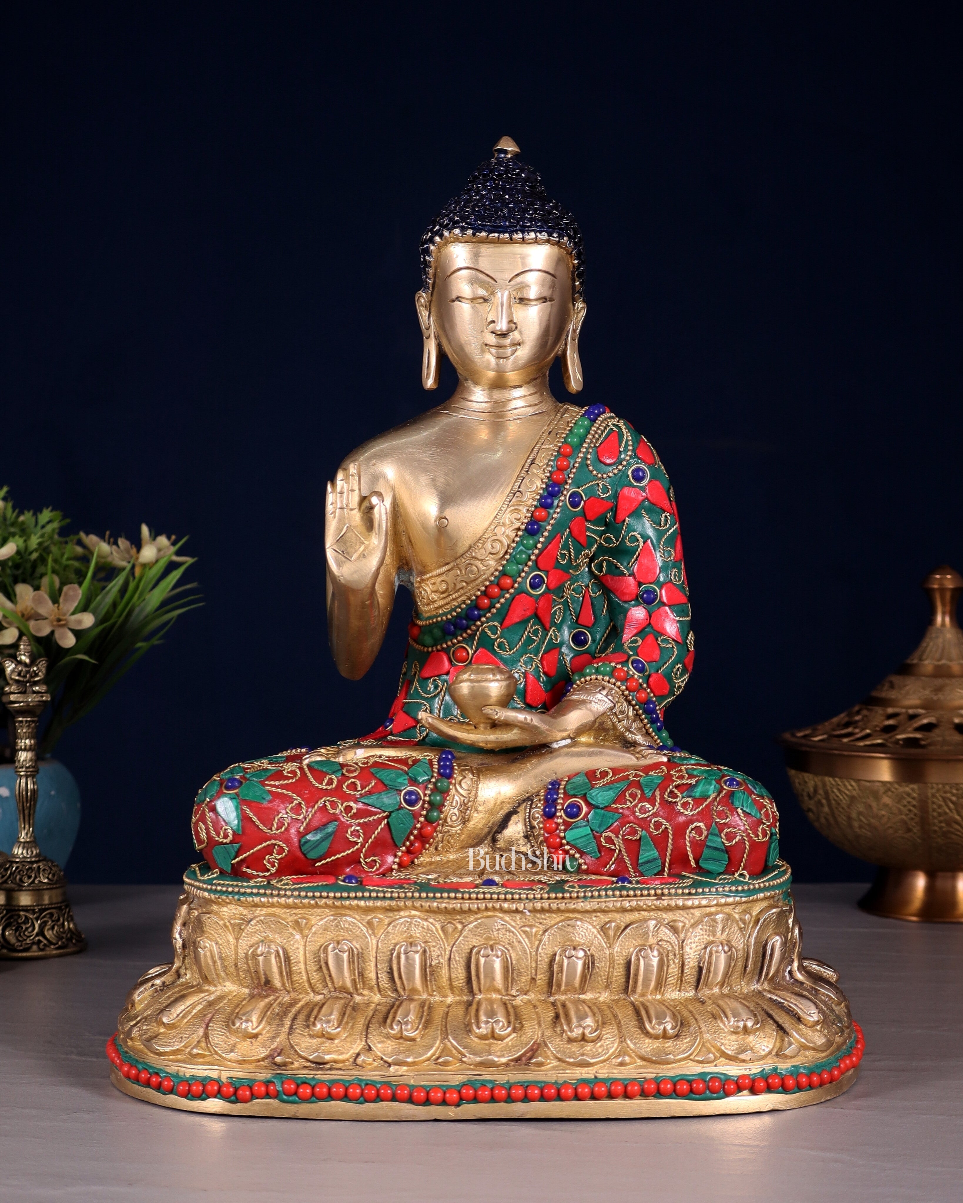 Pure Brass Buddha Idol with Floral Stonework – Unique Design 10.5"