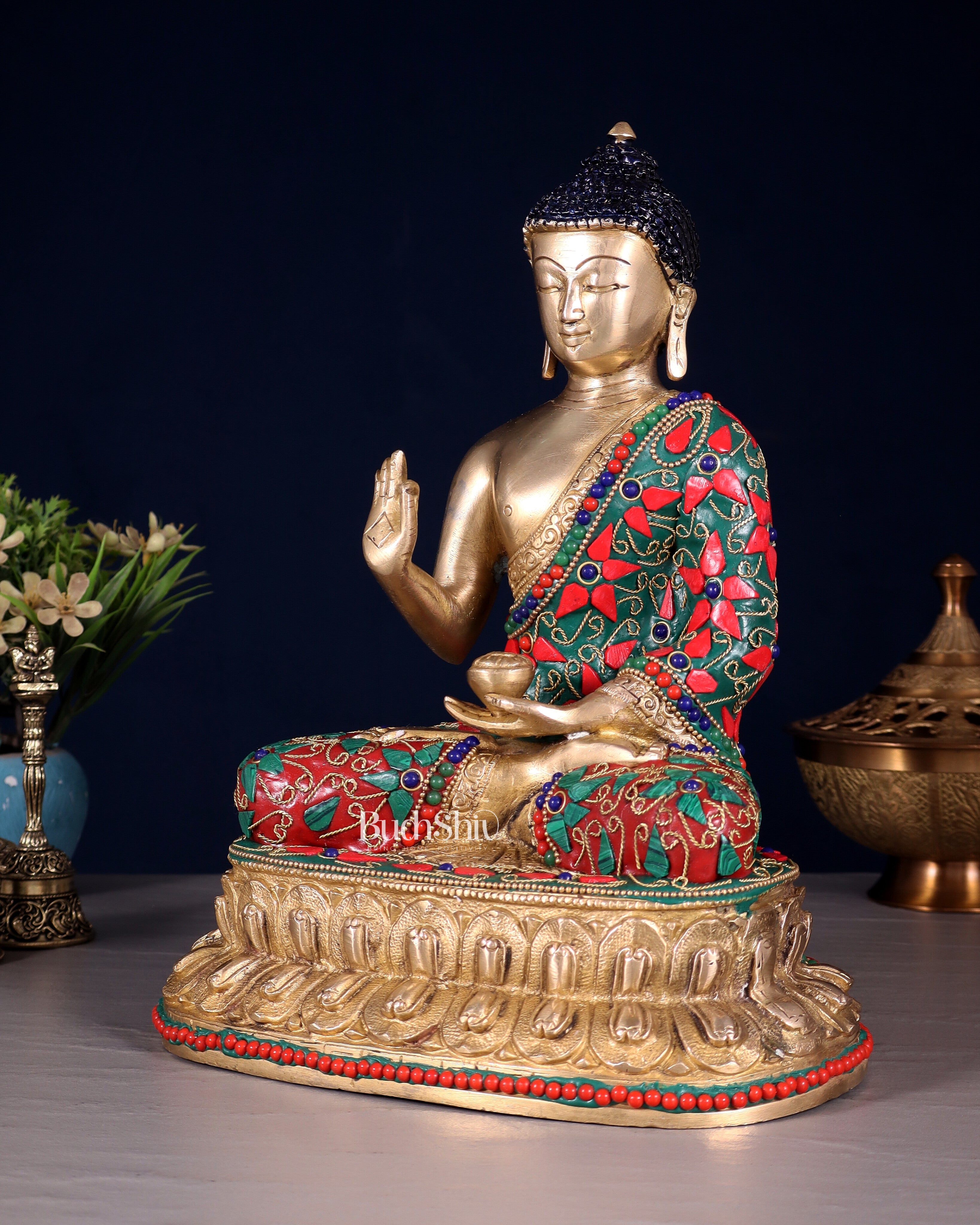 Pure Brass Buddha Idol with Floral Stonework – Unique Design 10.5"