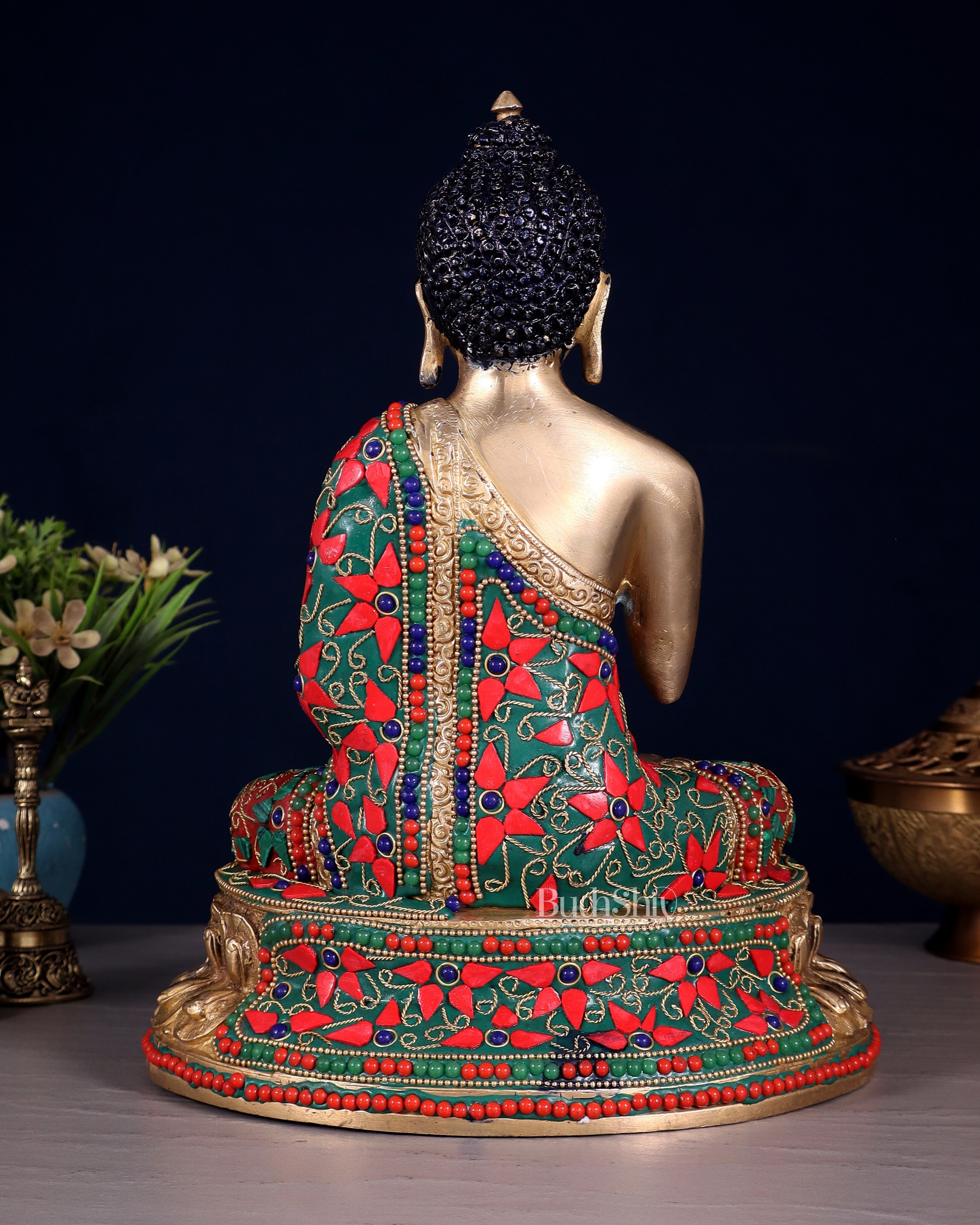 Pure Brass Buddha Idol with Floral Stonework – Unique Design 10.5"