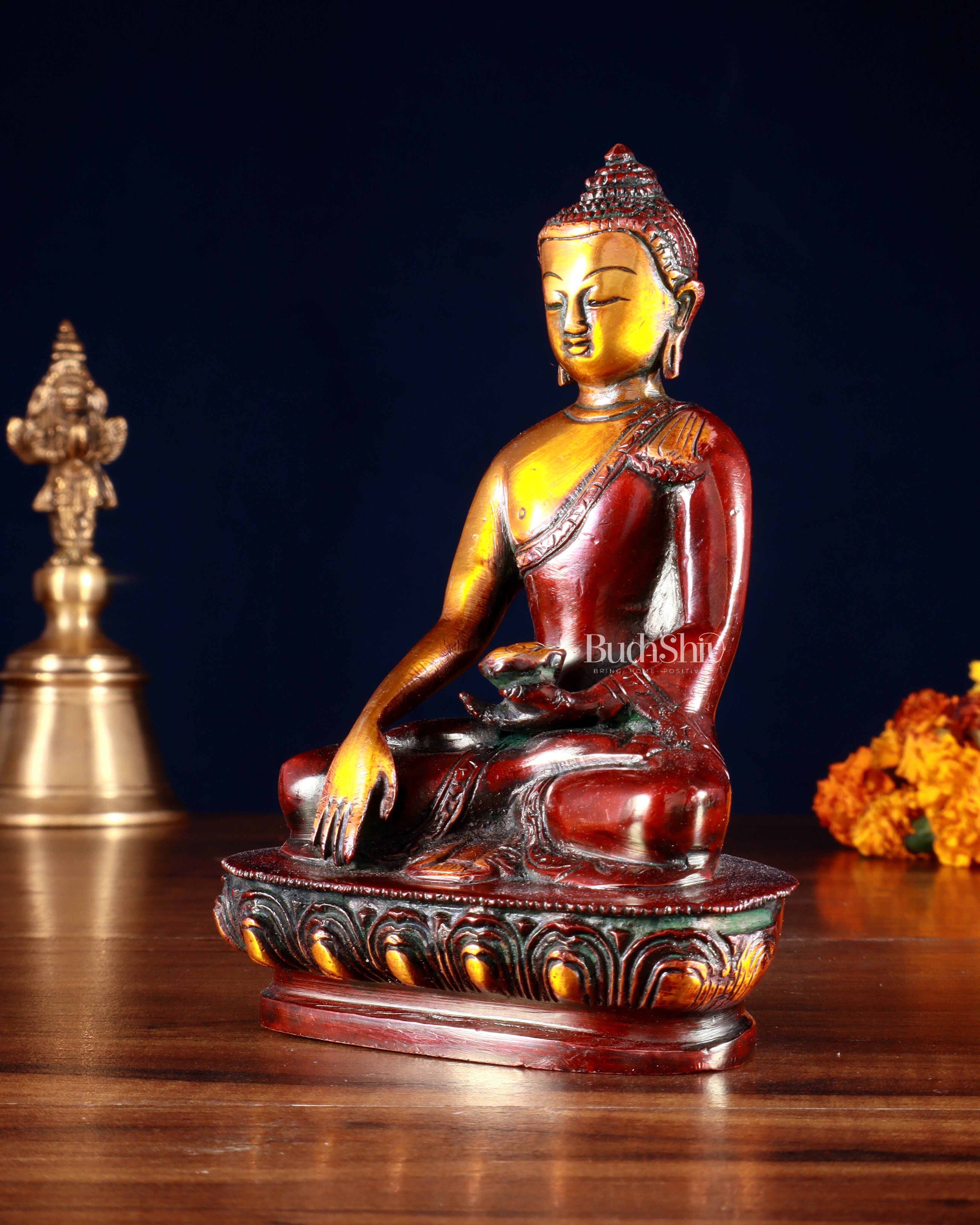 Pure Brass Buddha Bhumisparsha Nirvana Mudra Idol 5.5"