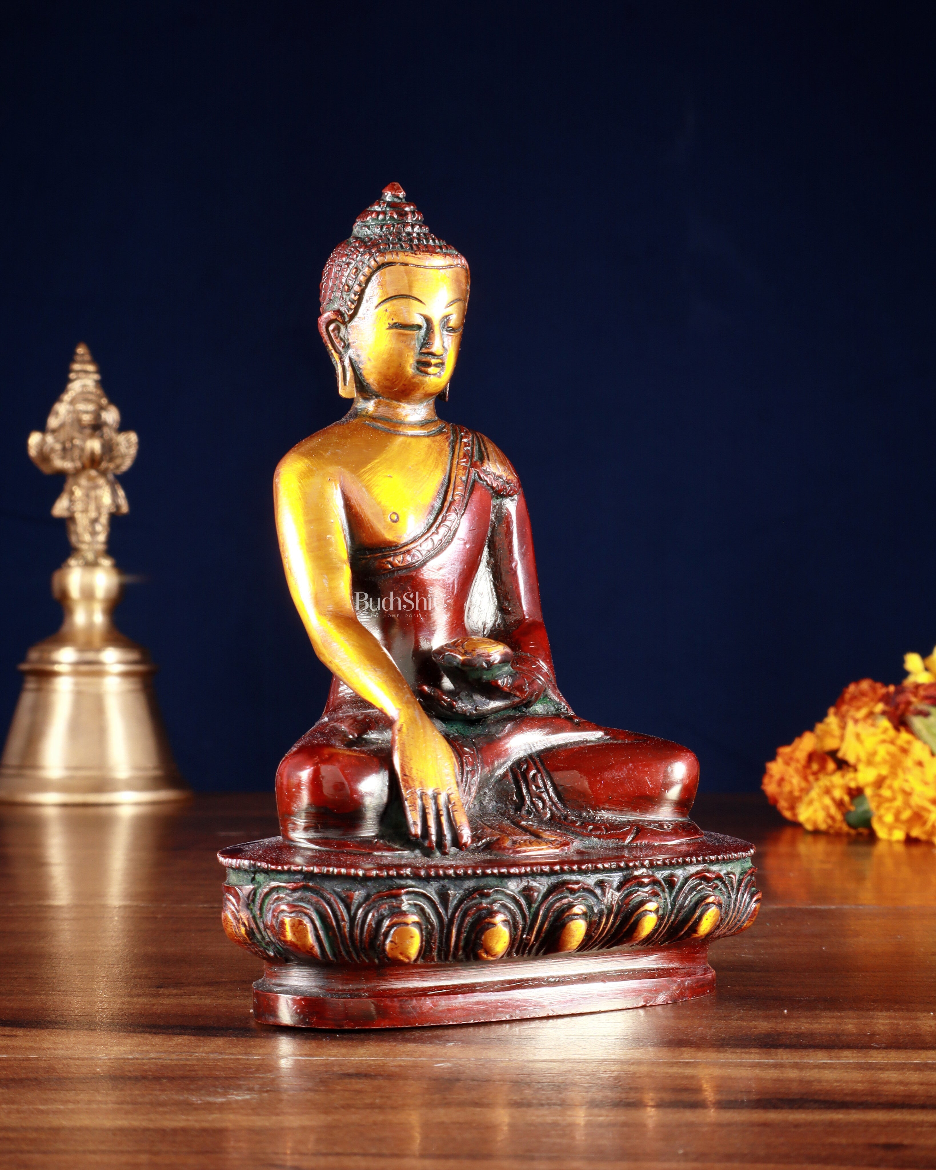 Pure Brass Buddha Bhumisparsha Nirvana Mudra Idol 5.5"