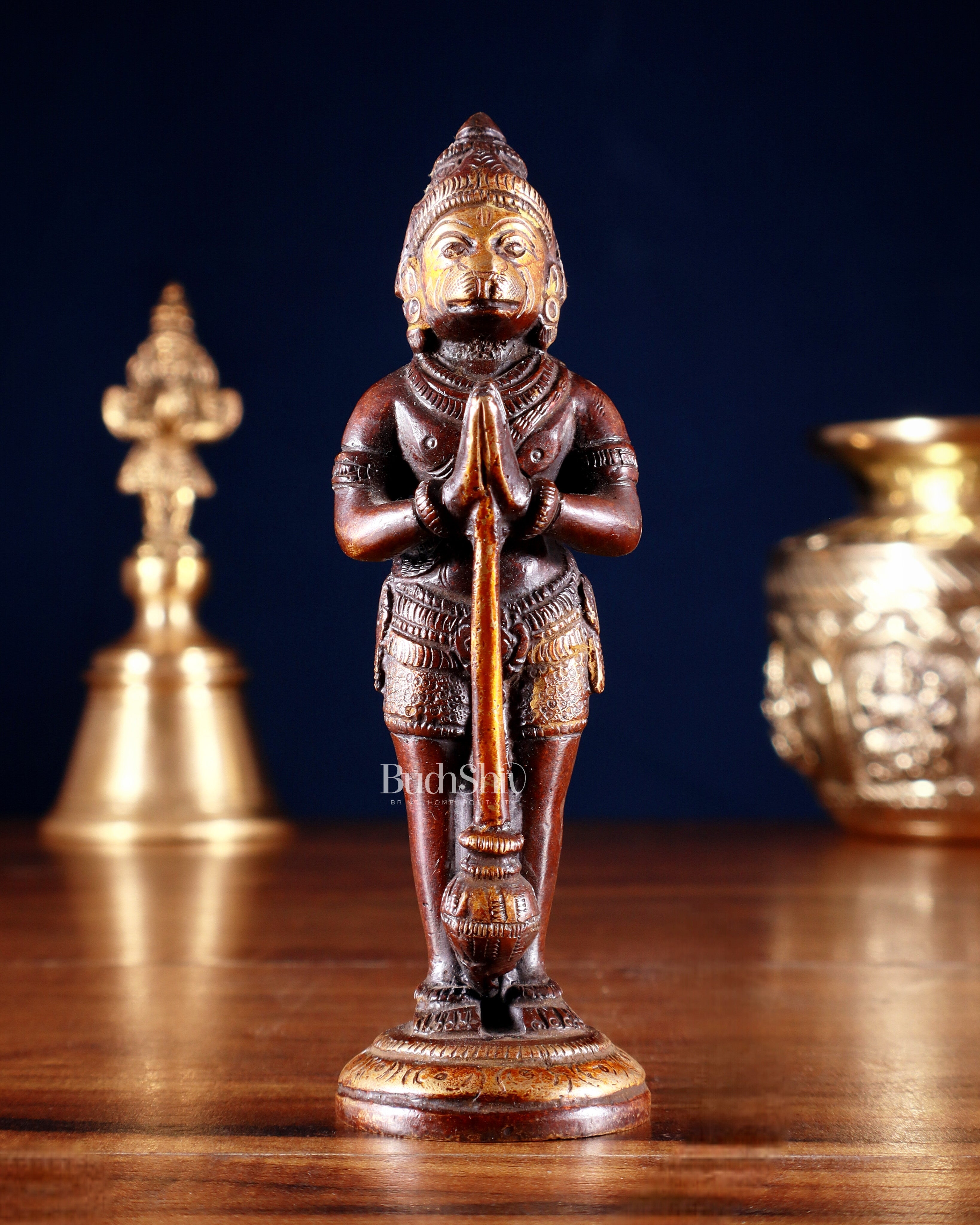 Brass Pure Brass Standing Hanuman Ji in Namaskar Anjali Mudra – Dual Tone 5.2"