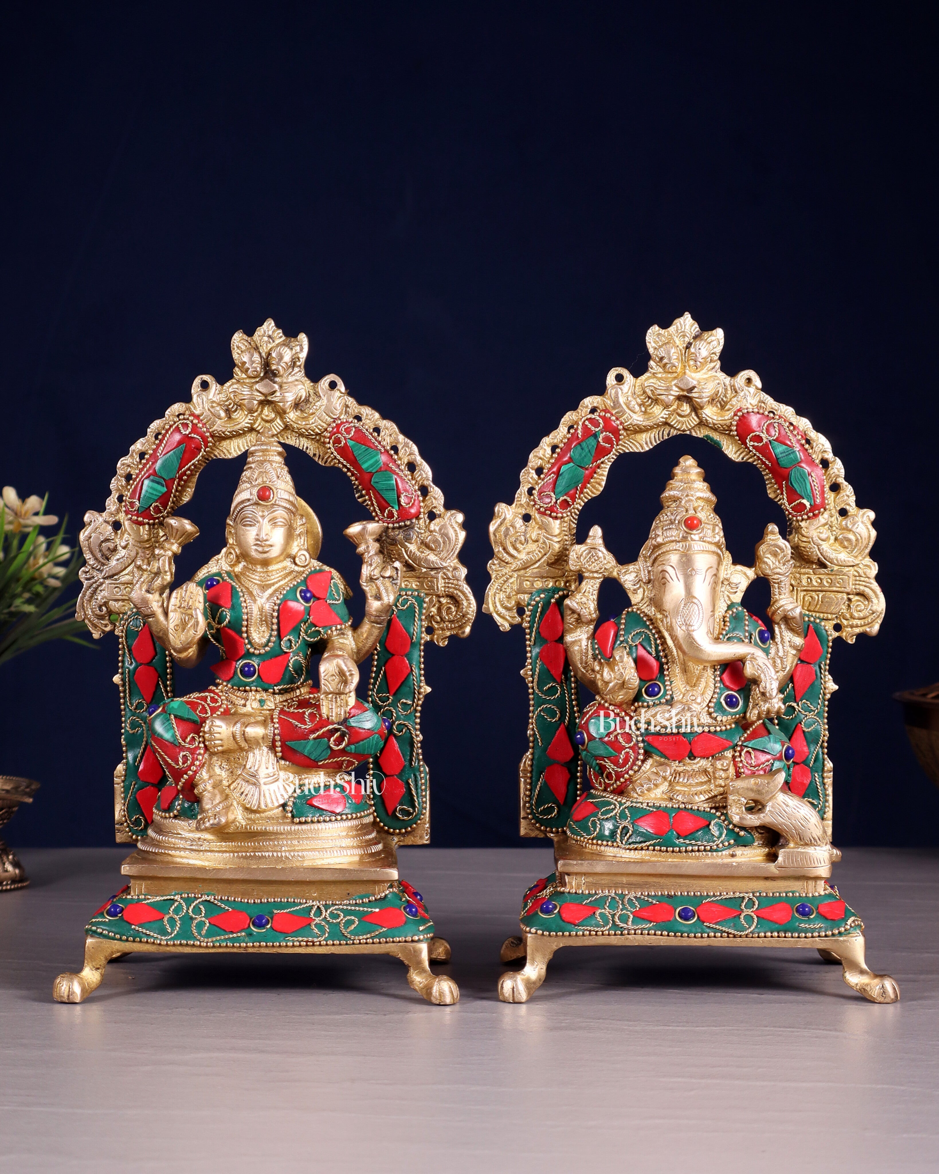 Pure Brass Ganesha Lakshmi Idol Set | floral Stonework 8"