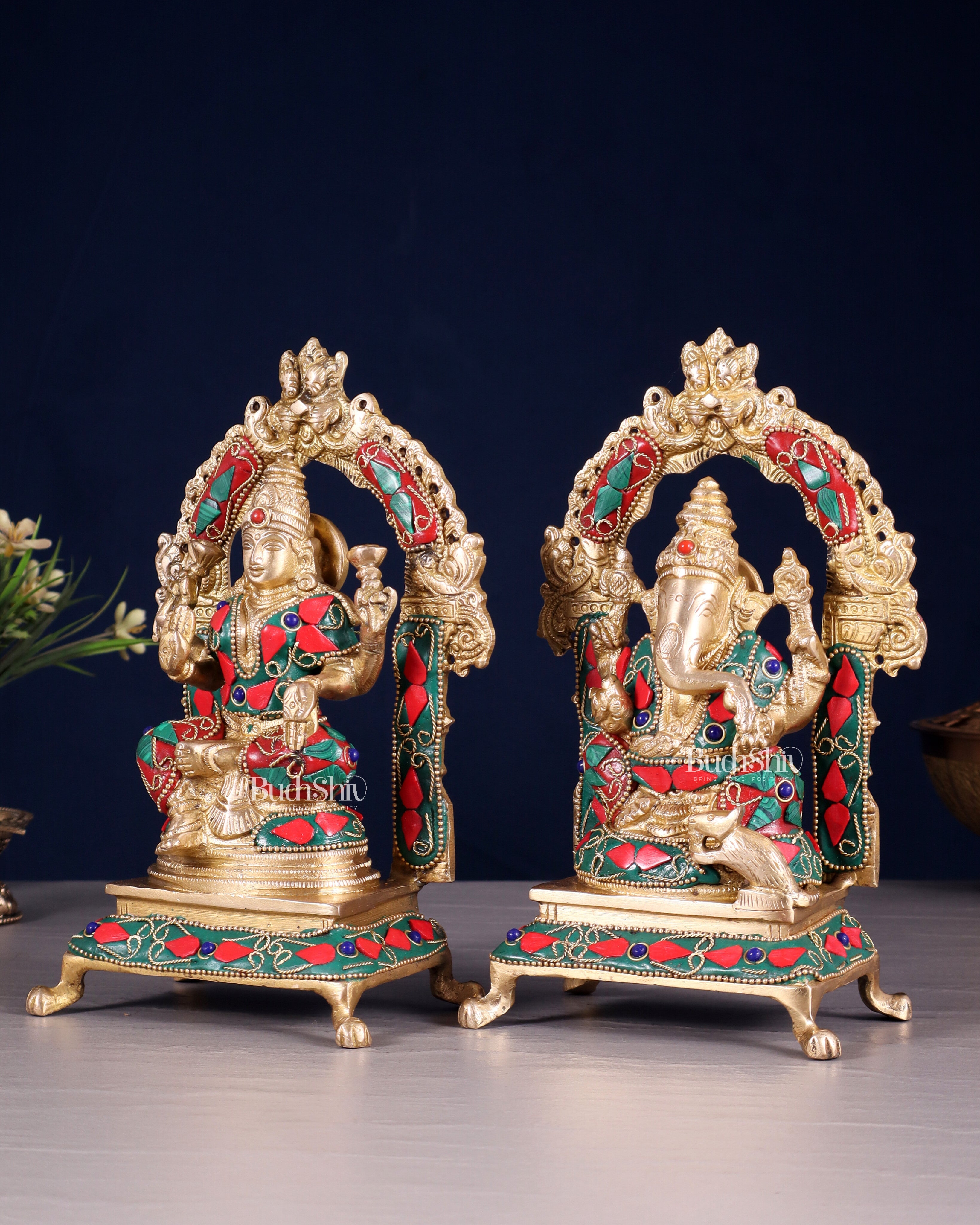 Pure Brass Ganesha Lakshmi Idol Set | floral Stonework 8"