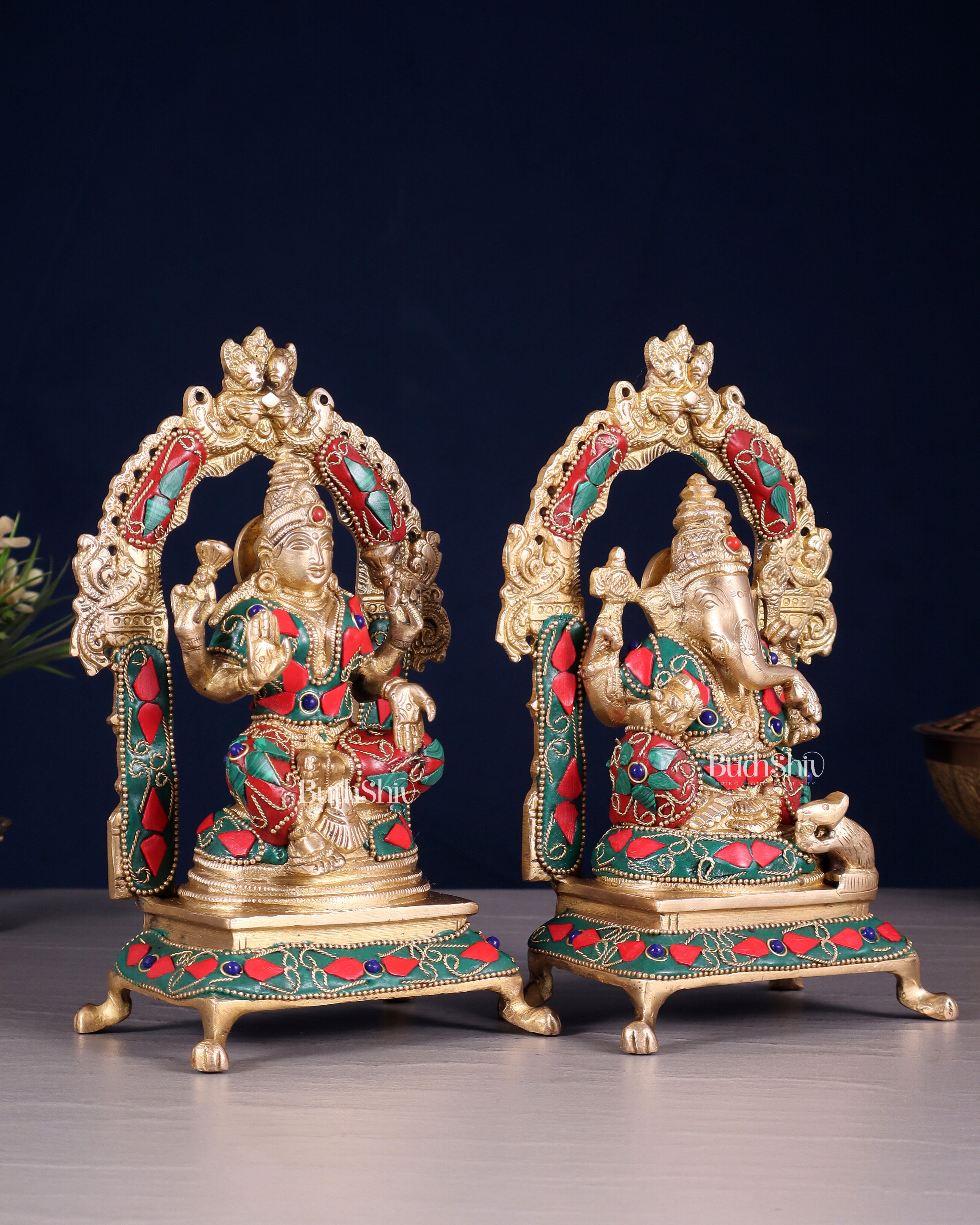 Pure Brass Ganesha Lakshmi Idol Set | floral Stonework 8"