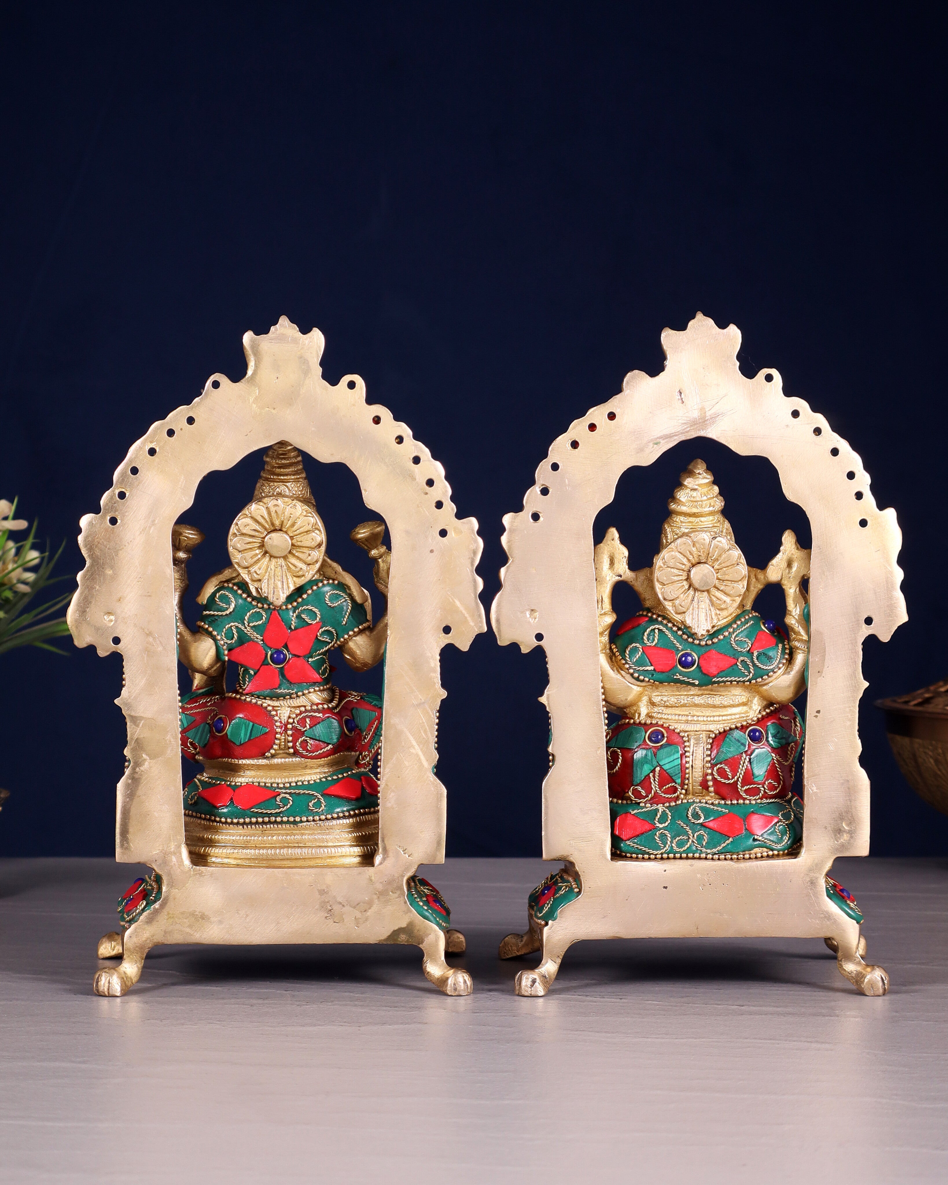Pure Brass Ganesha Lakshmi Idol Set | floral Stonework 8"
