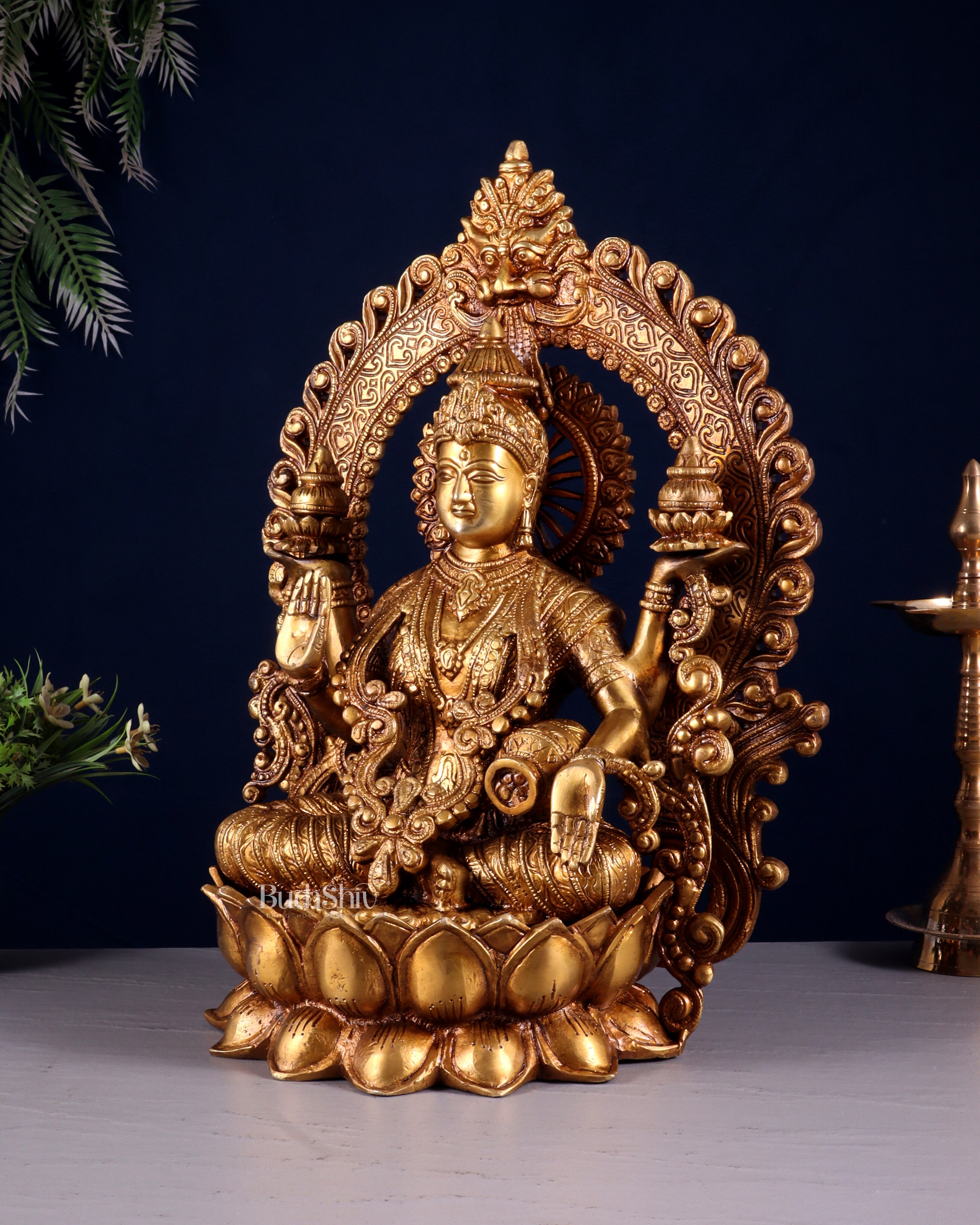 Pure Brass Goddess Lakshmi with Prabhavali Arch Statue - 15"