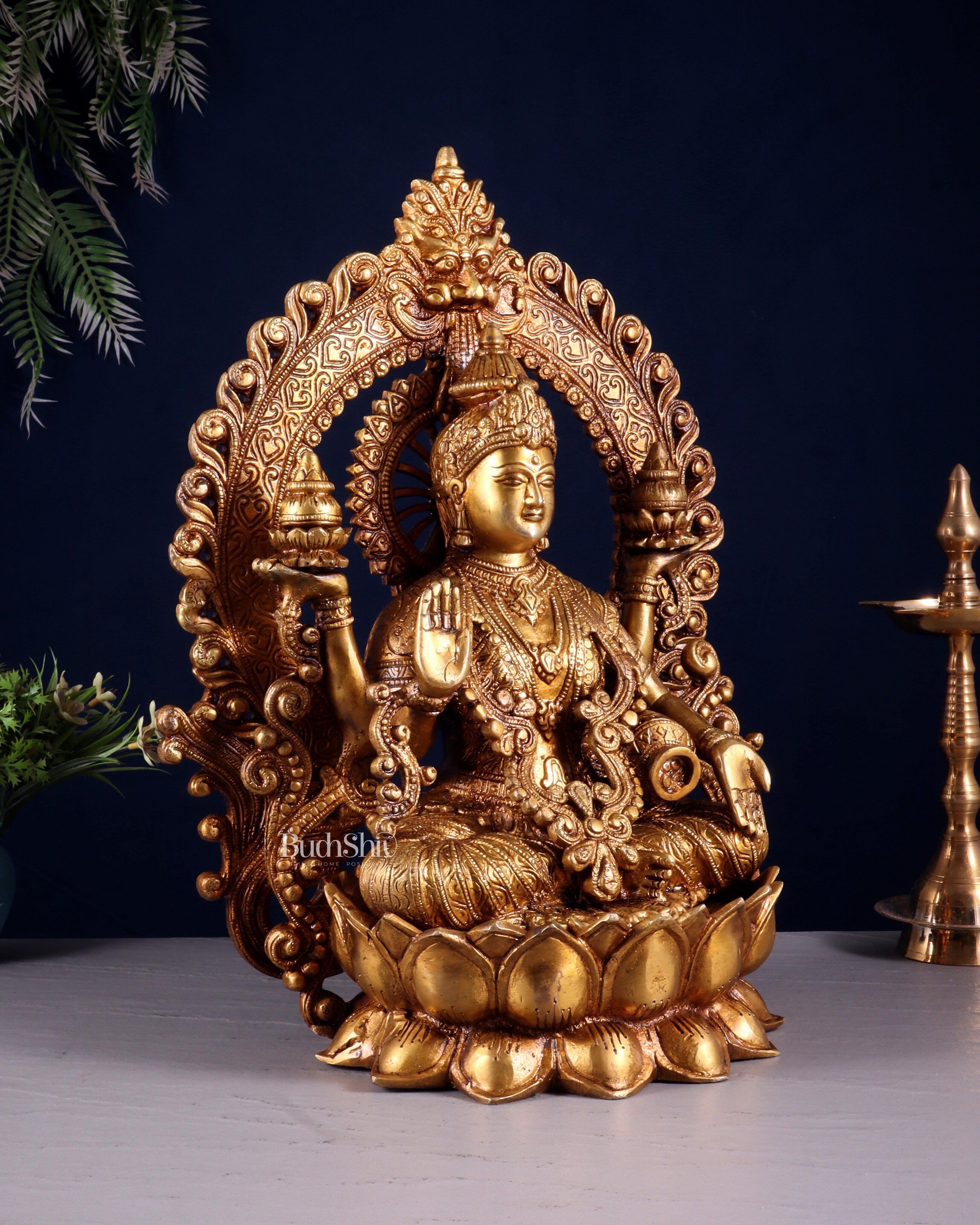 Pure Brass Goddess Lakshmi with Prabhavali Arch Statue - 15"