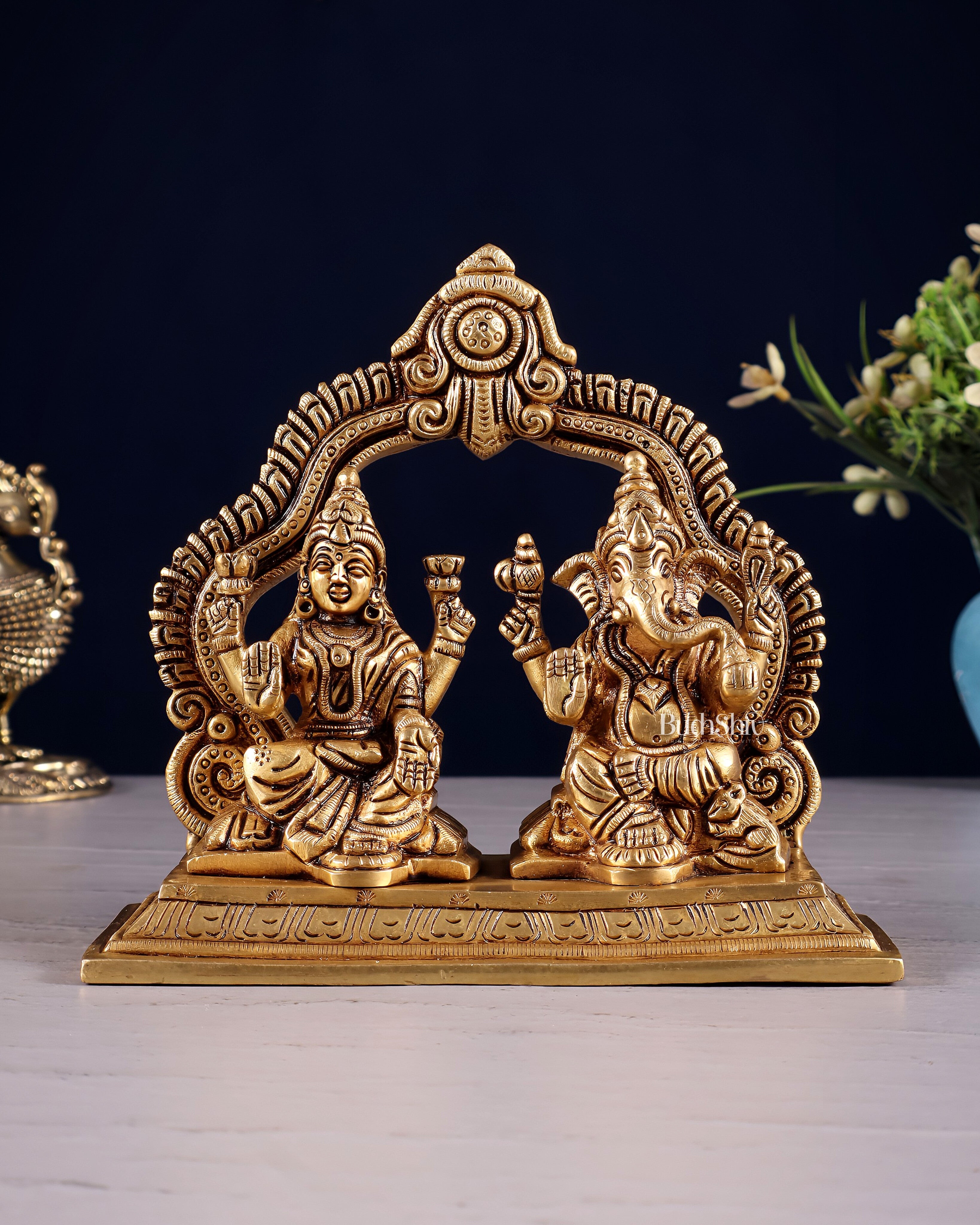 Pure Brass Lord Ganesha and Lakshmi Seated Together Idol - 5.5"