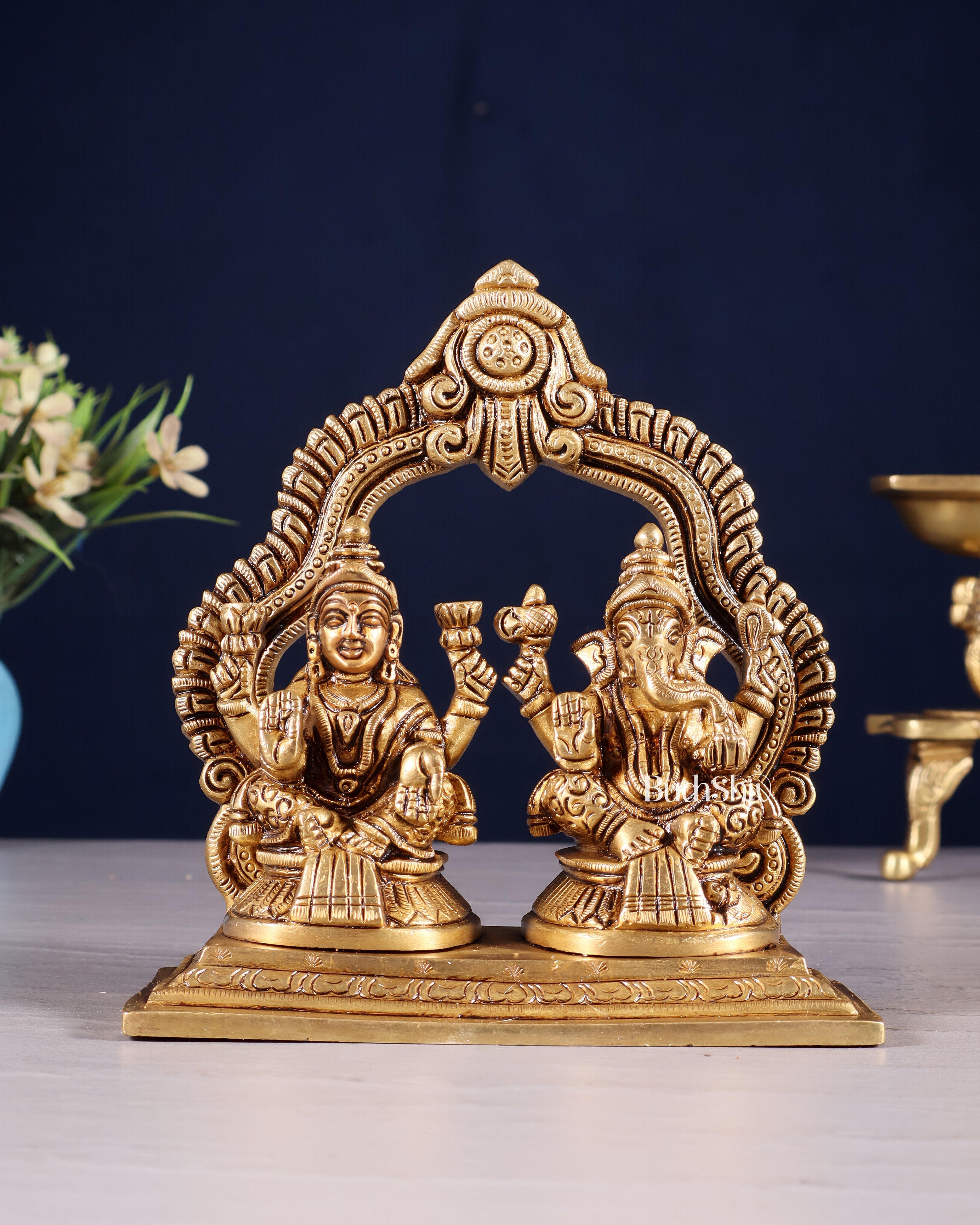 Pure Brass Lord Ganesha and Lakshmi Seated Together Idol - 5.5"