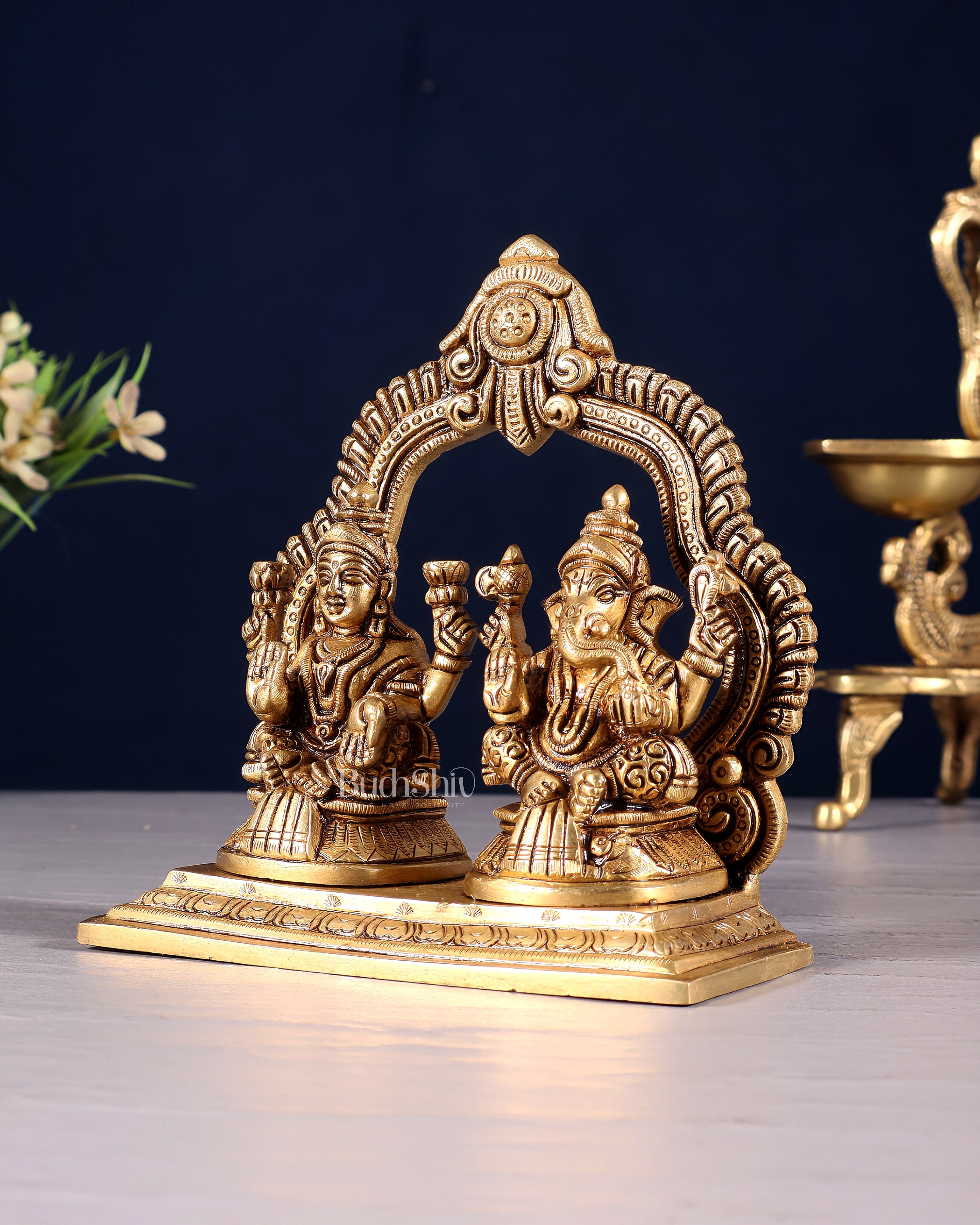 Pure Brass Lord Ganesha and Lakshmi Seated Together Idol - 5.5"