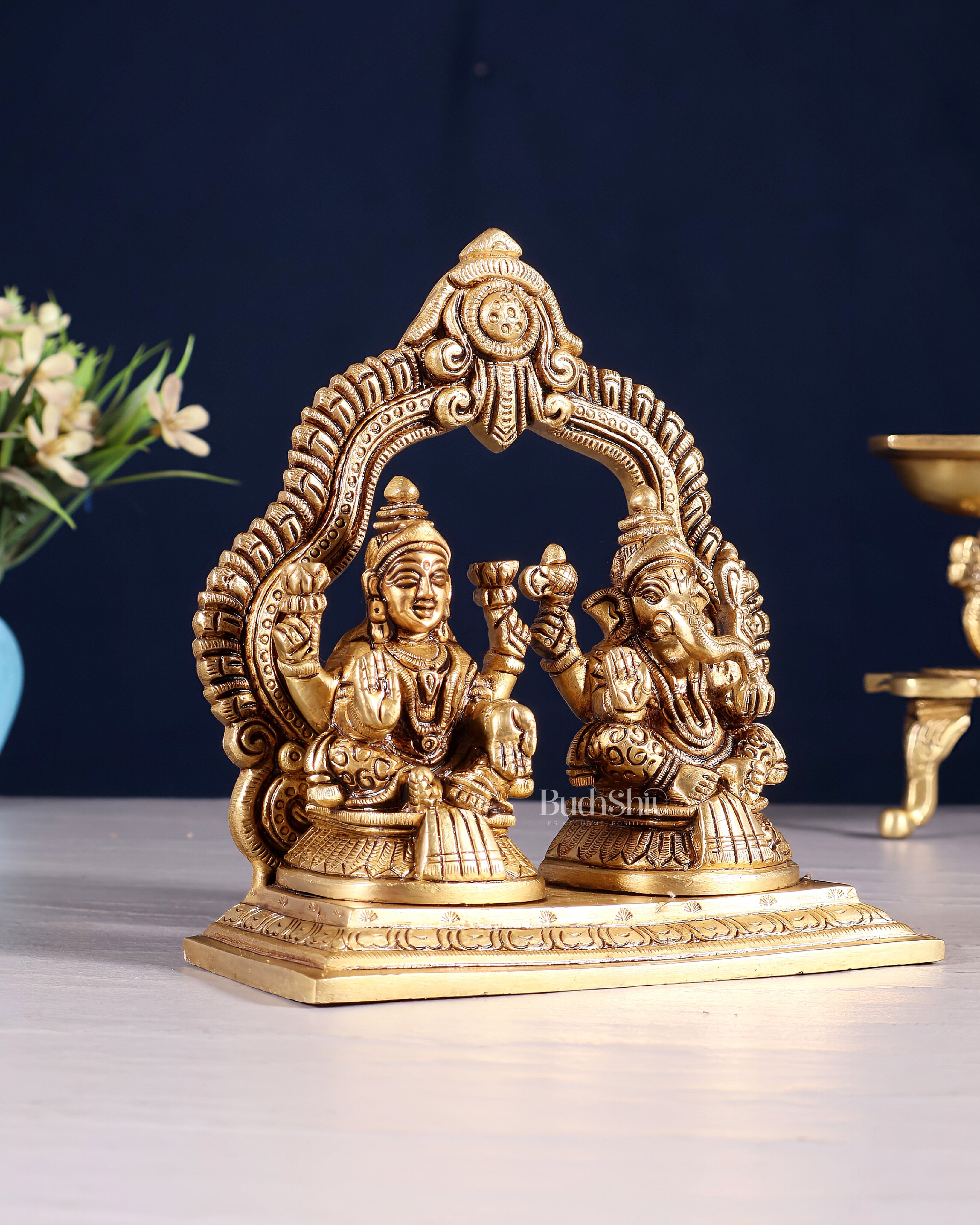Pure Brass Lord Ganesha and Lakshmi Seated Together Idol - 5.5"