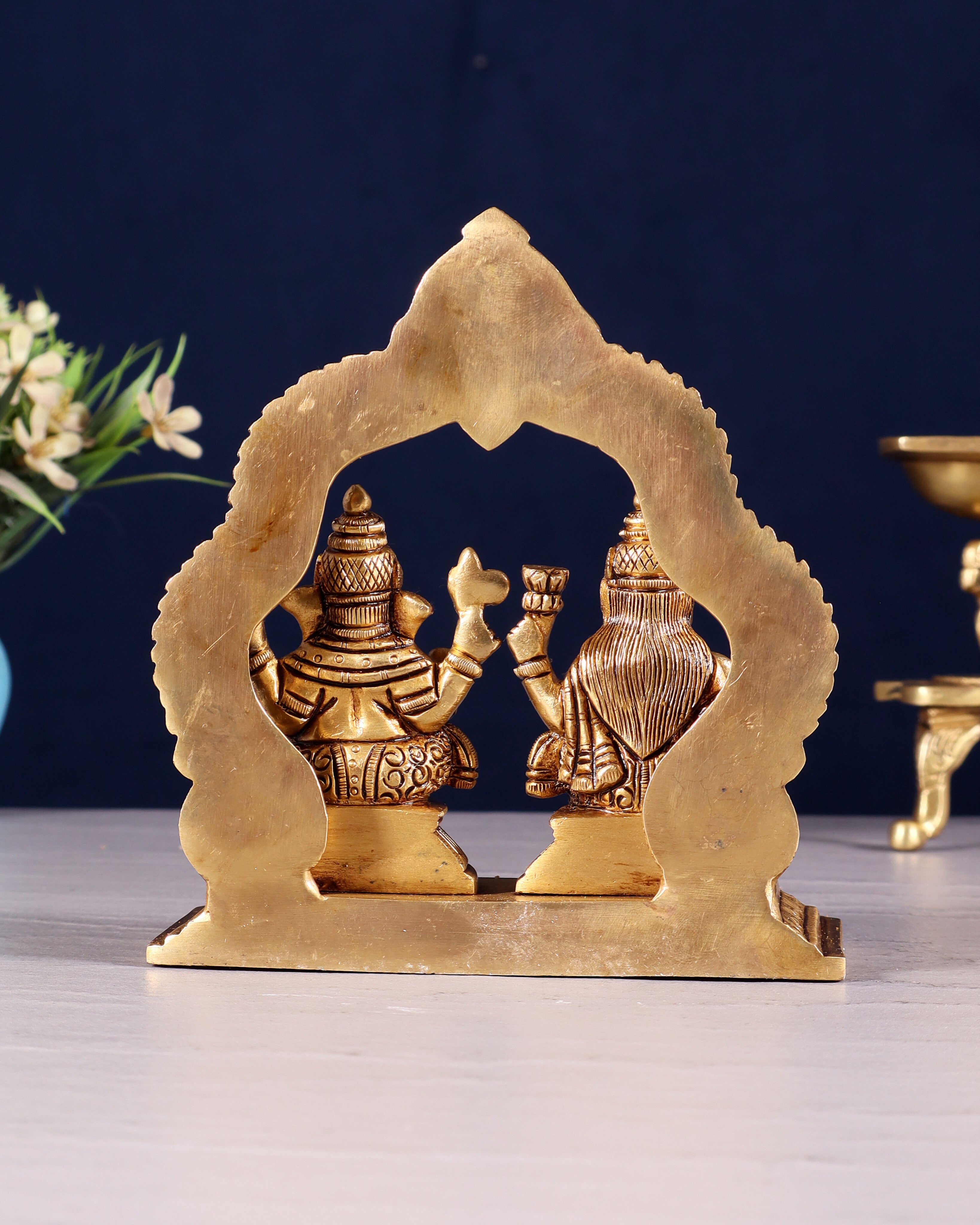 Pure Brass Lord Ganesha and Lakshmi Seated Together Idol - 5.5"