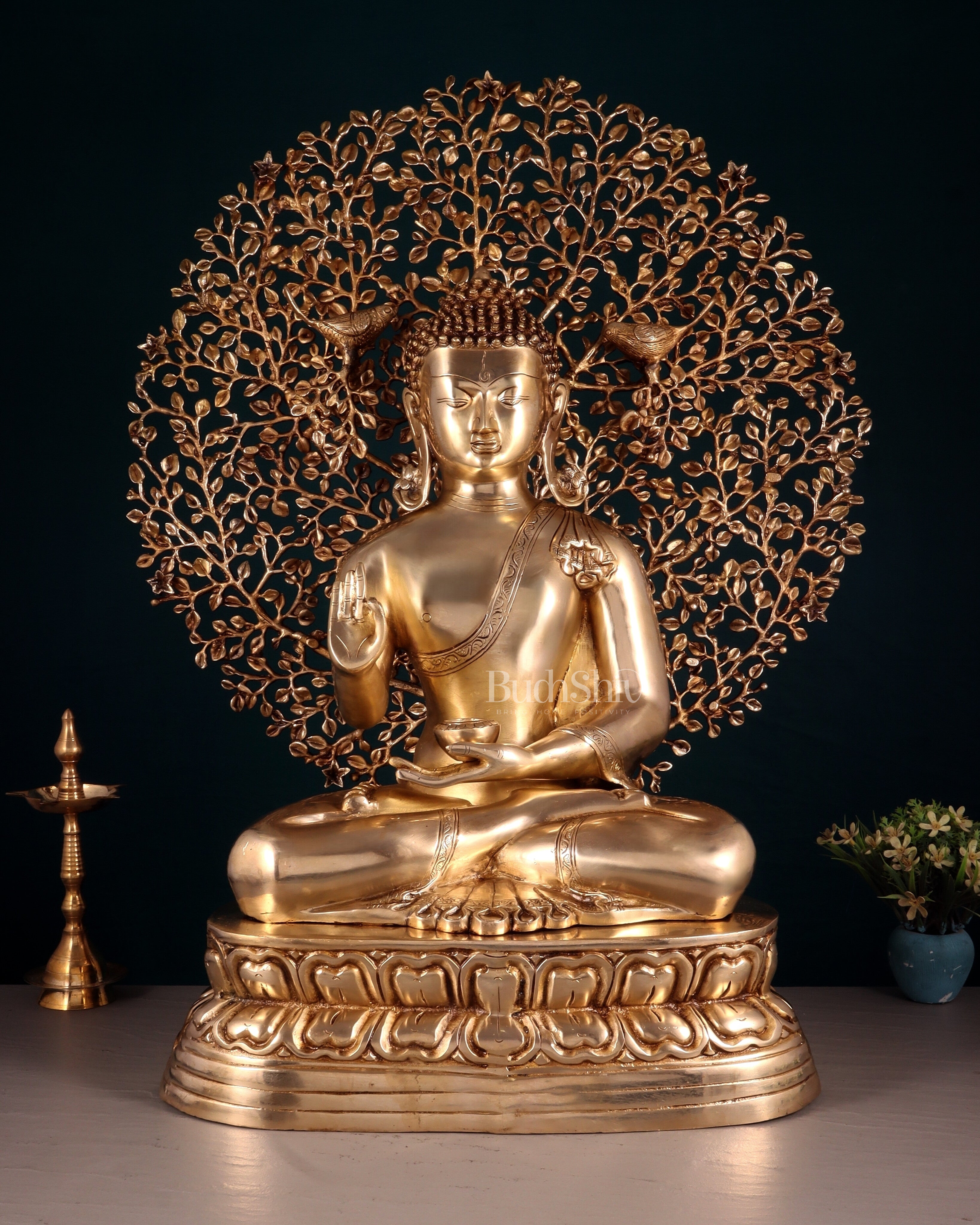 Pure Brass Buddha with Kalpavriksha Tree Statue 29"