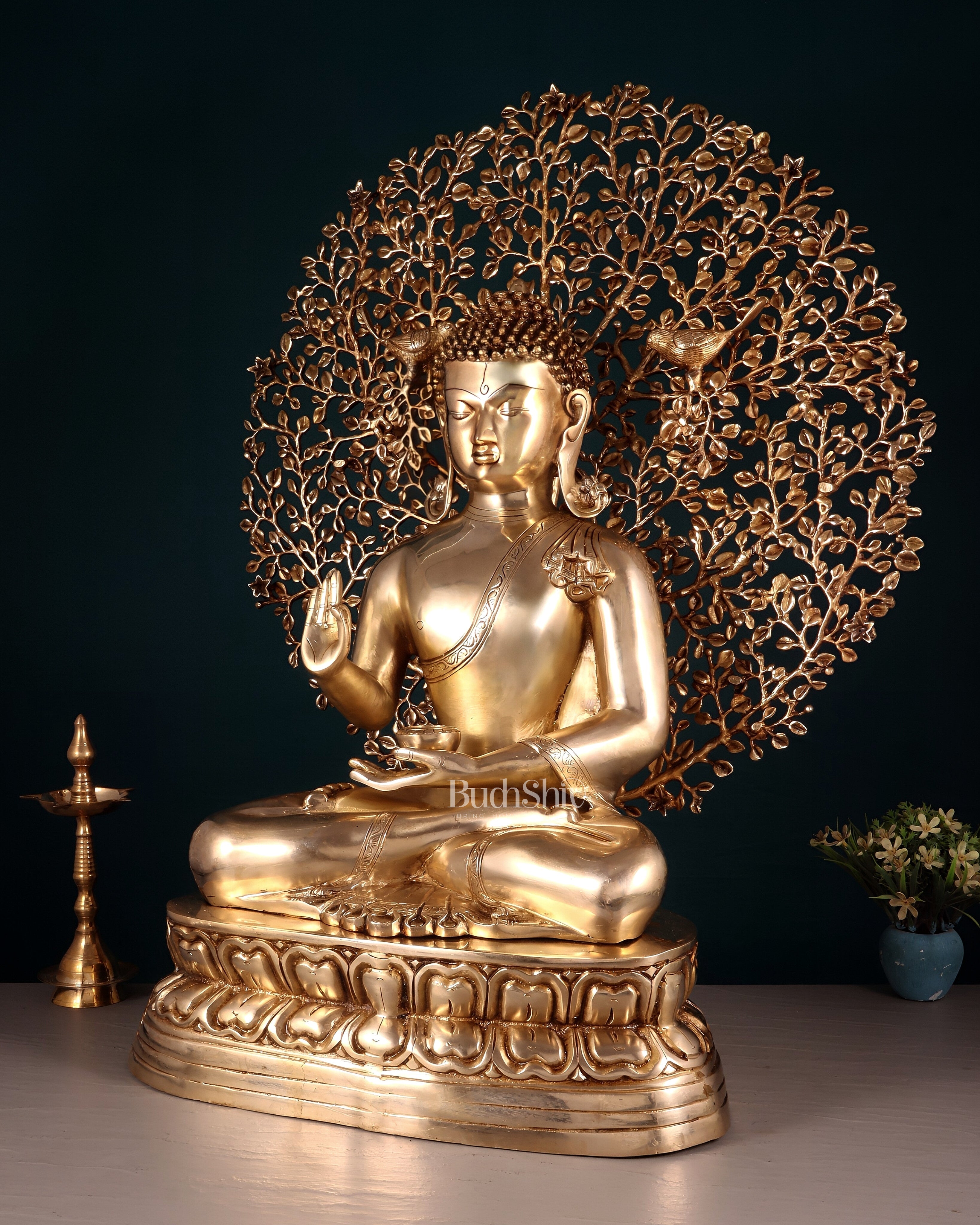 Pure Brass Buddha with Kalpavriksha Tree Statue 29"