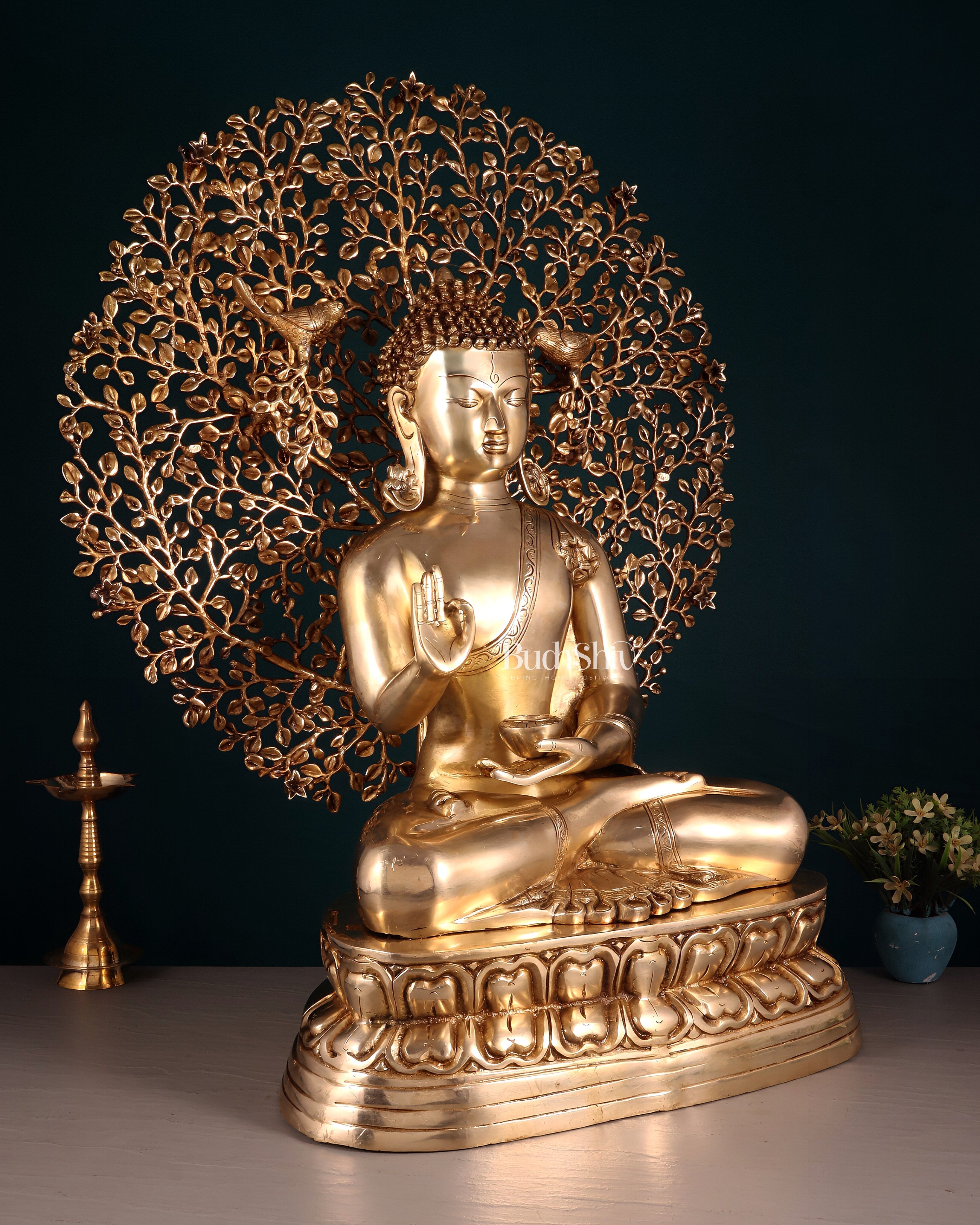 Pure Brass Buddha with Kalpavriksha Tree Statue 29"
