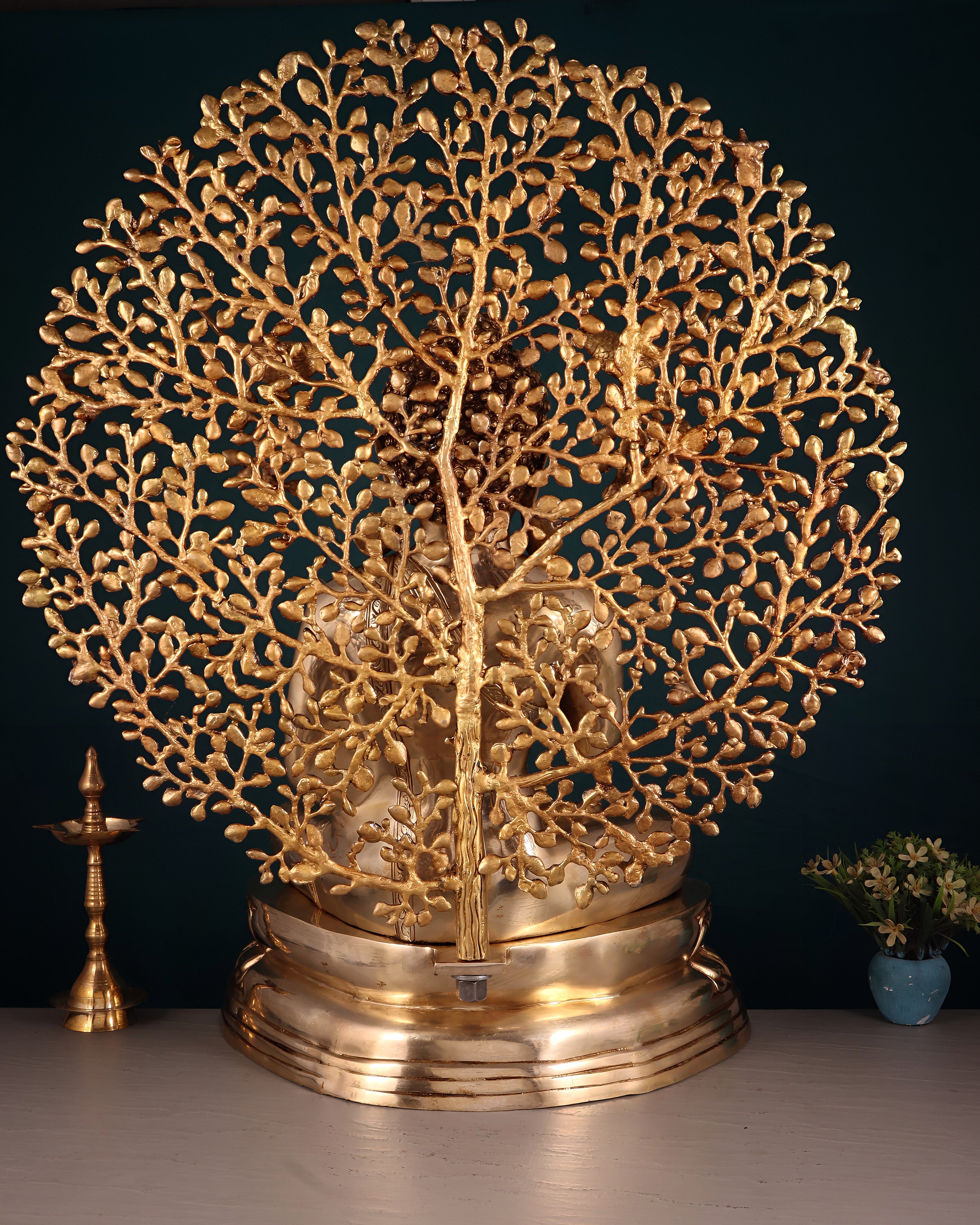 Pure Brass Buddha with Kalpavriksha Tree Statue 29"