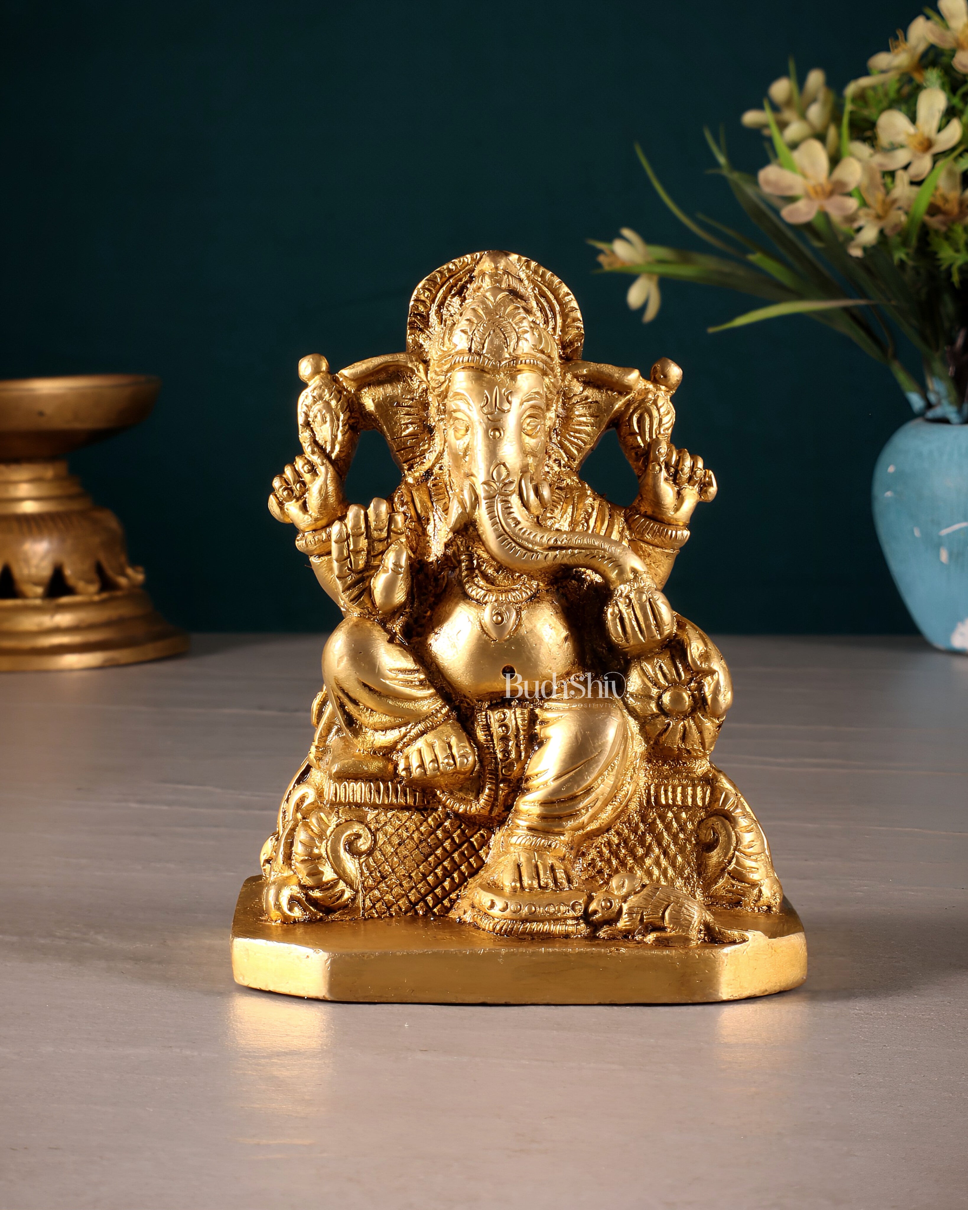 Pure Brass Lord Ganesha on Throne Statue – 5" Small Size for Pooja Room or Gifting