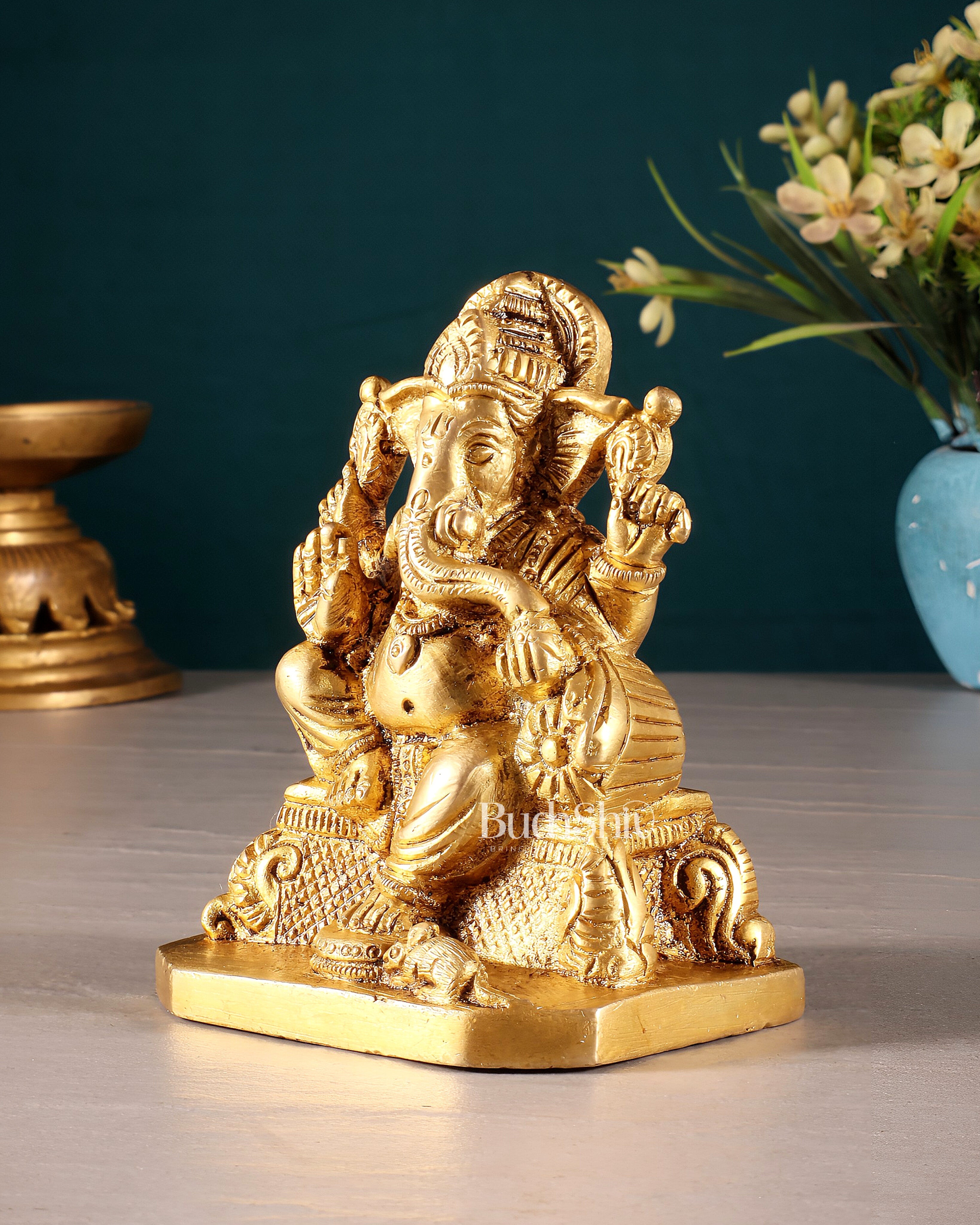 Pure Brass Lord Ganesha on Throne Statue – 5" Small Size for Pooja Room or Gifting