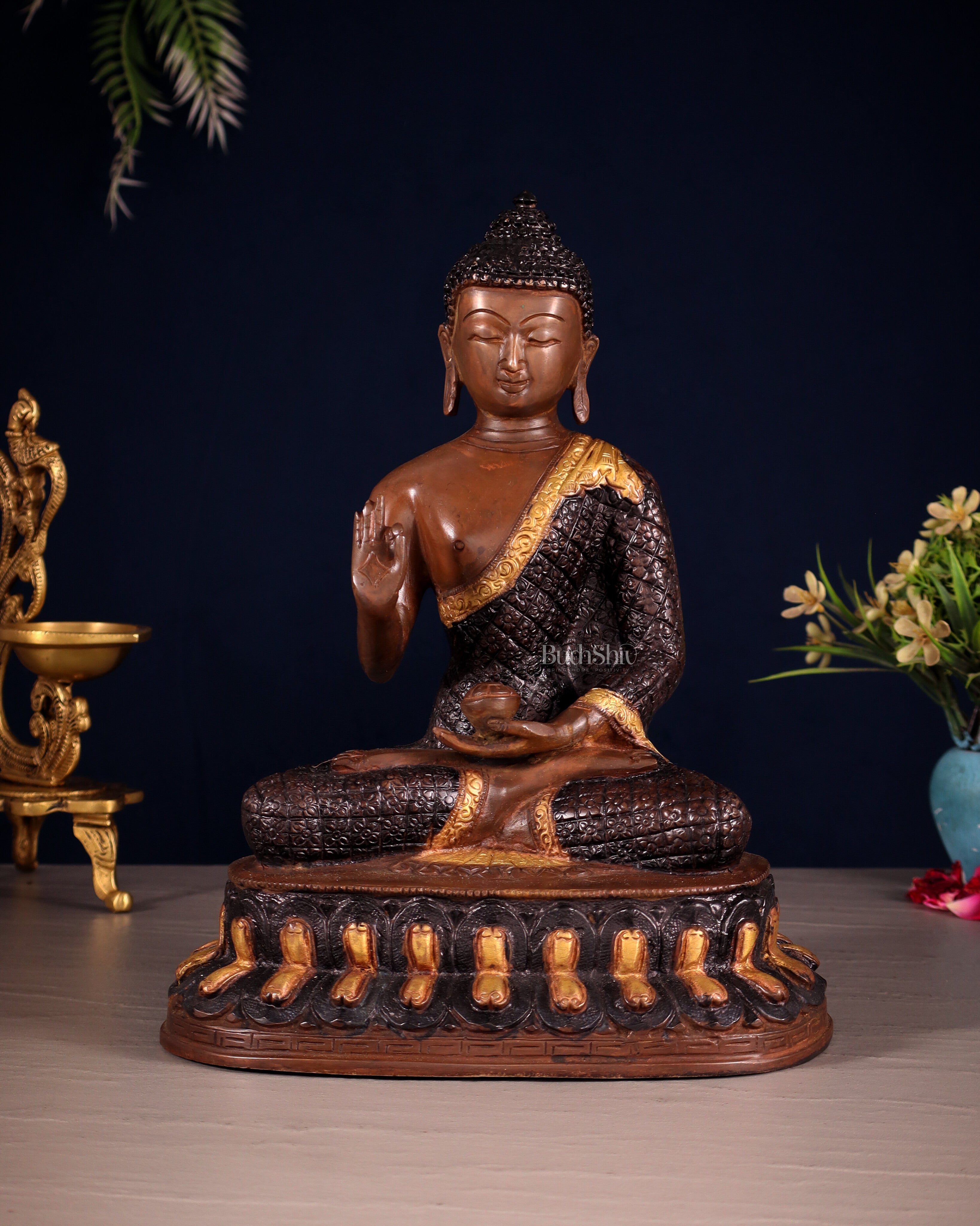 Pure Brass Buddha Statue - Nepali copper Finish, 11" Height
