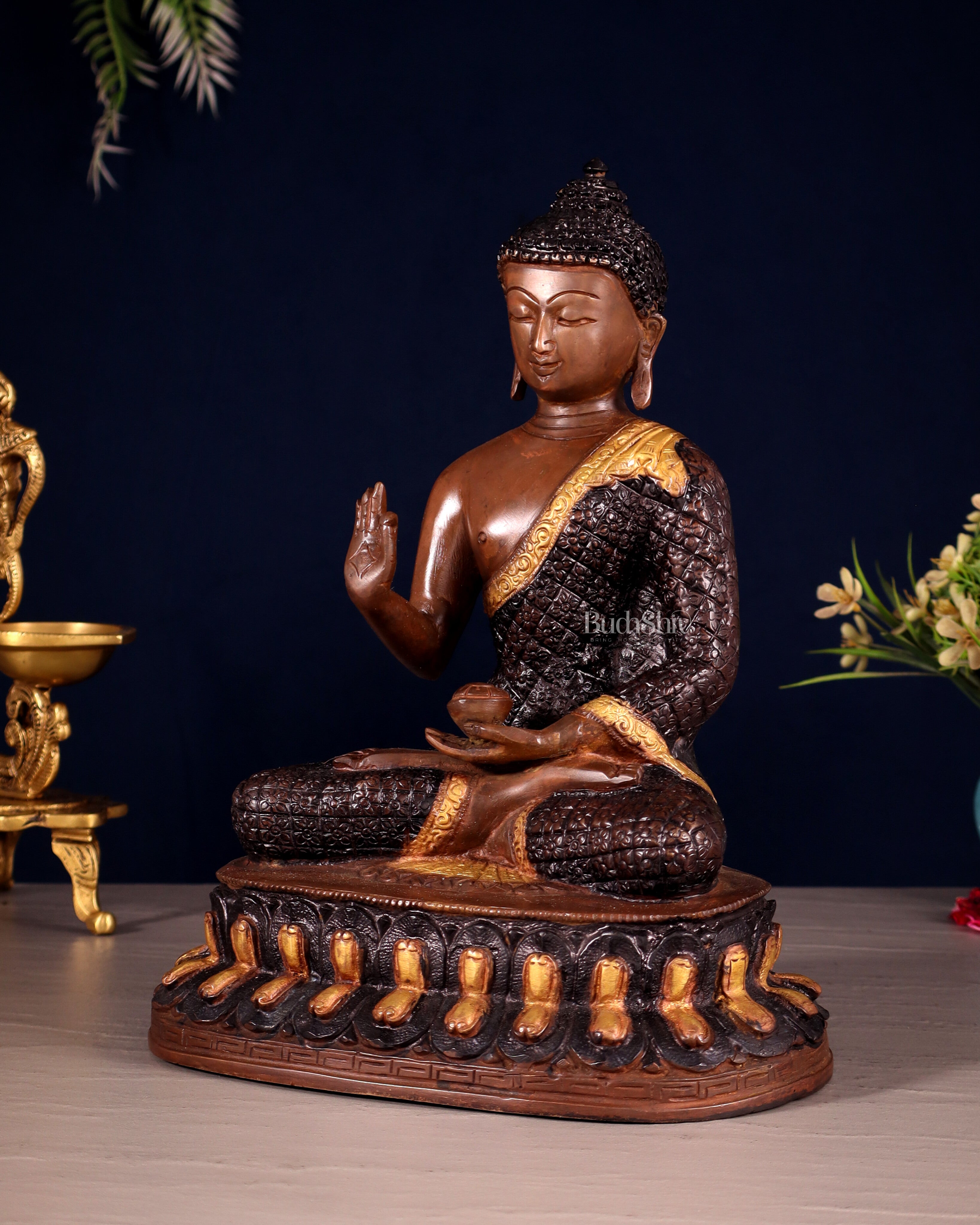 Pure Brass Buddha Statue - Nepali copper Finish, 11" Height