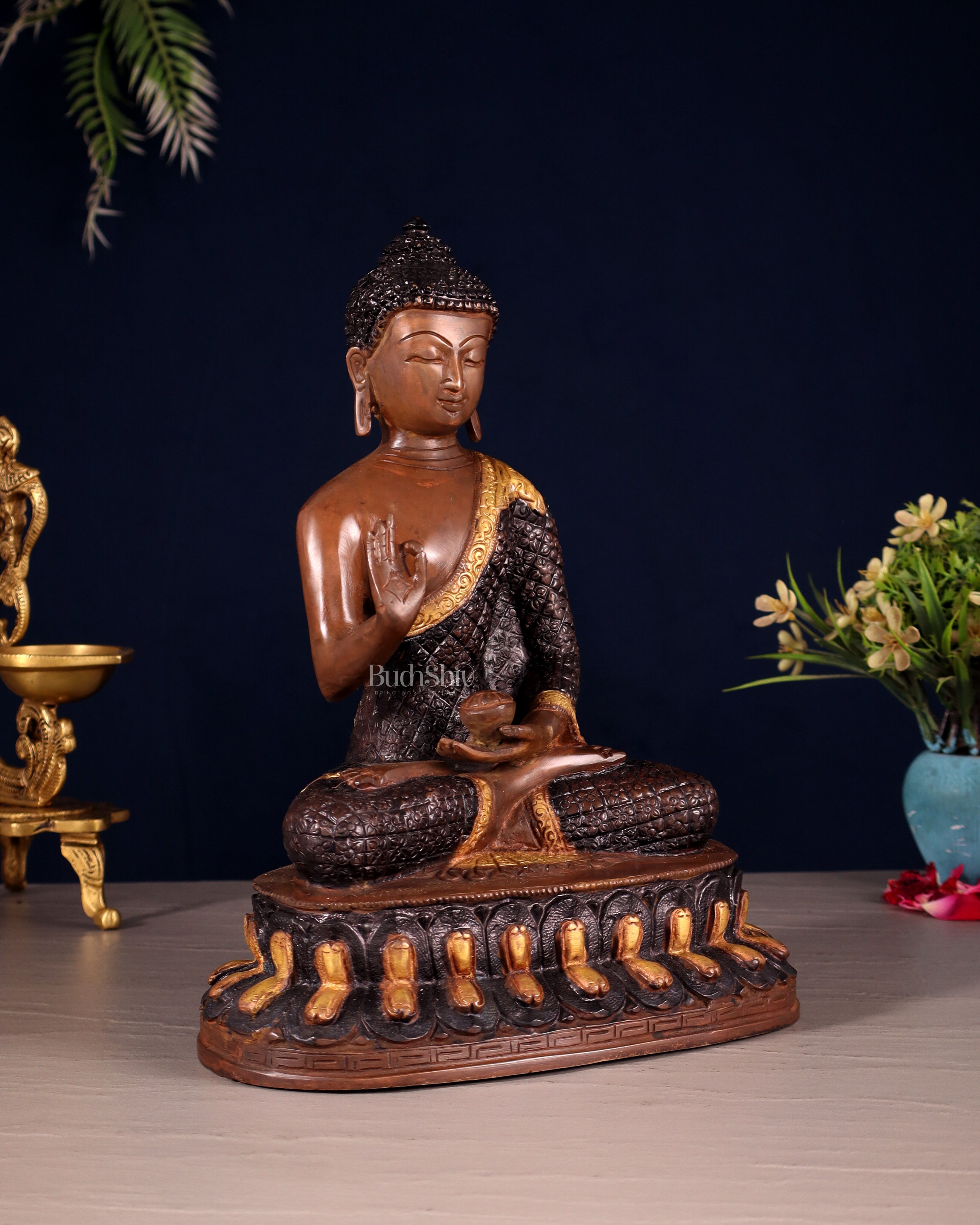 Pure Brass Buddha Statue - Nepali copper Finish, 11" Height