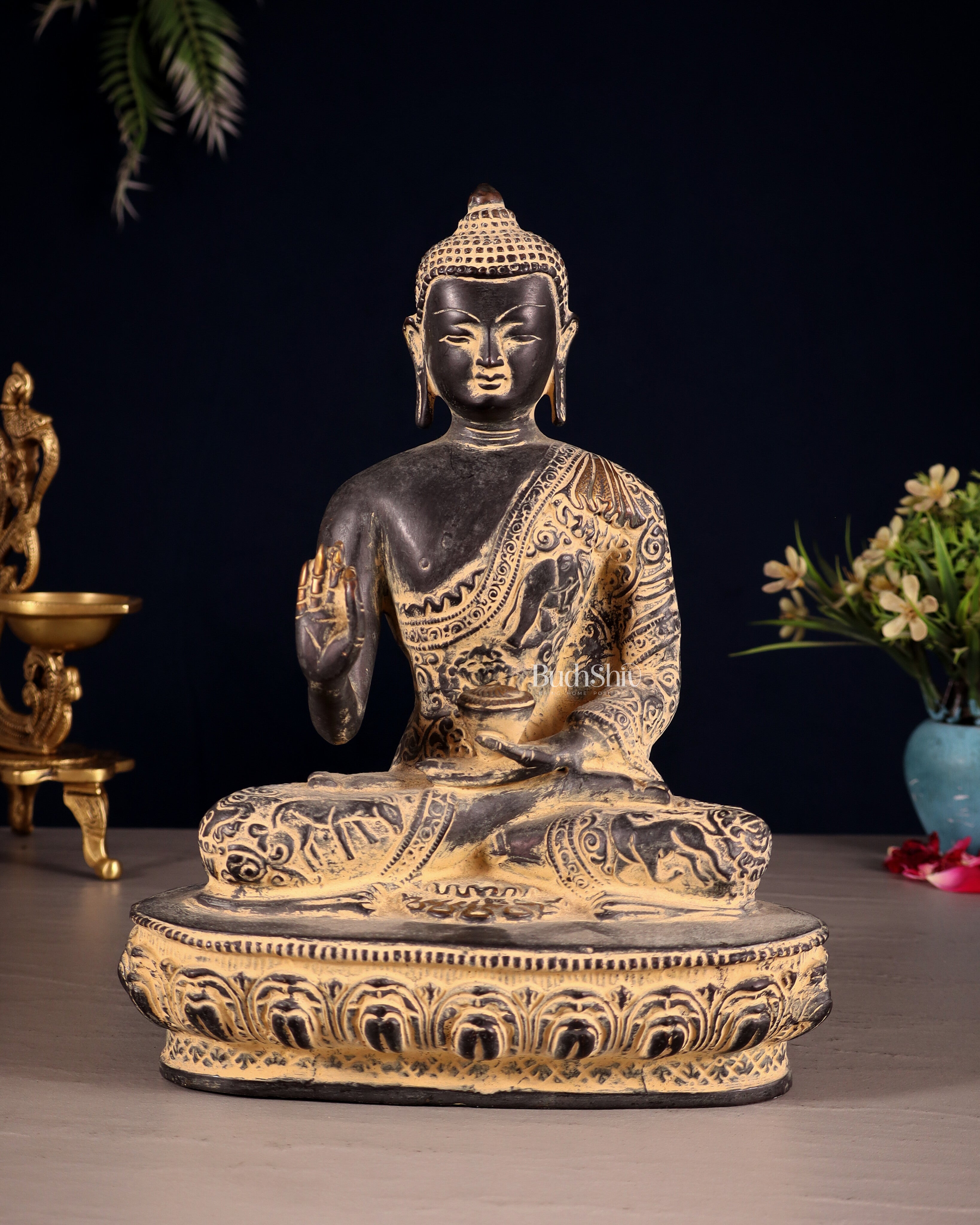 Pure Brass Buddha Statue with Animal Carvings – Sand Finish | 9.75"