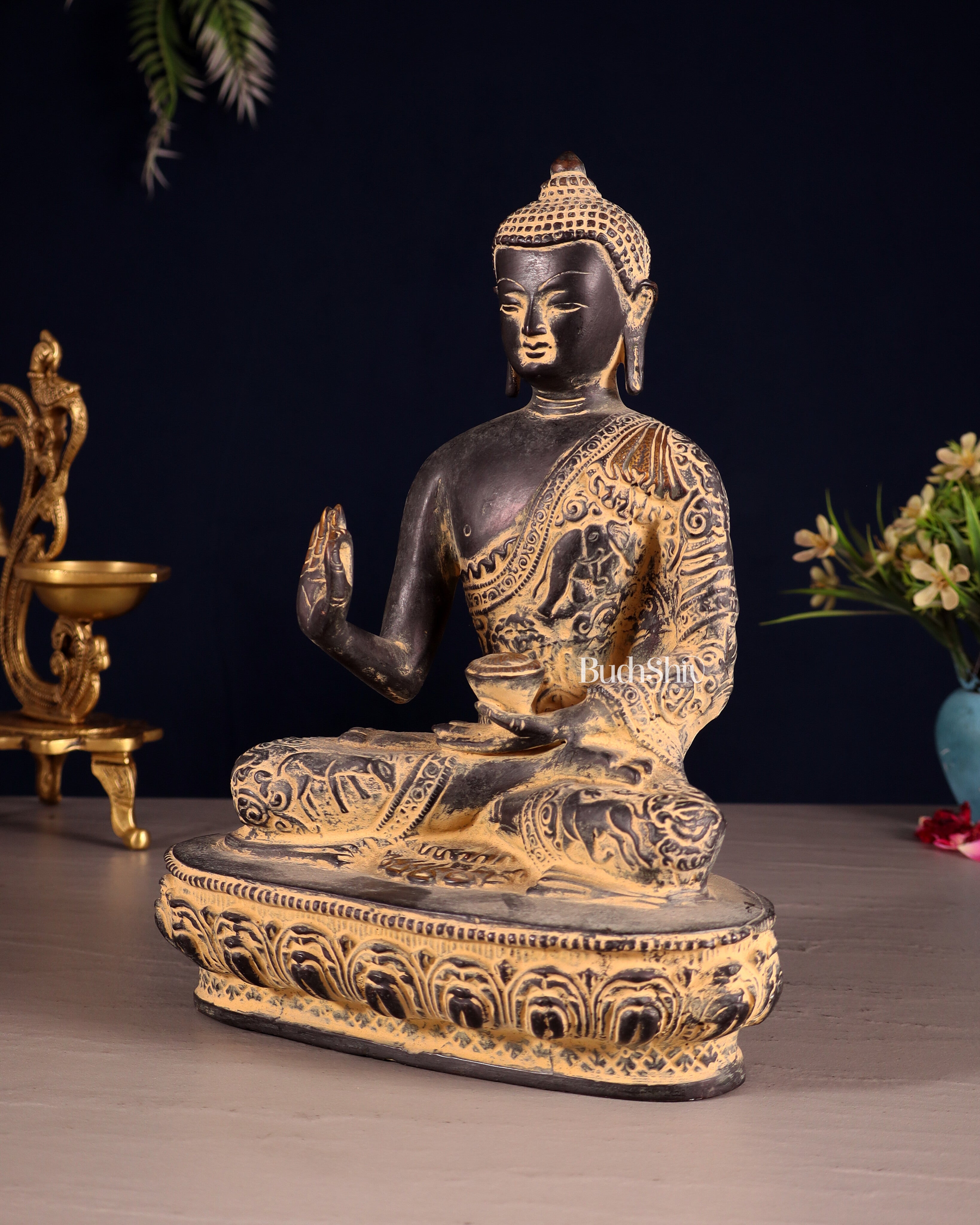 Pure Brass Buddha Statue with Animal Carvings – Sand Finish | 9.75"