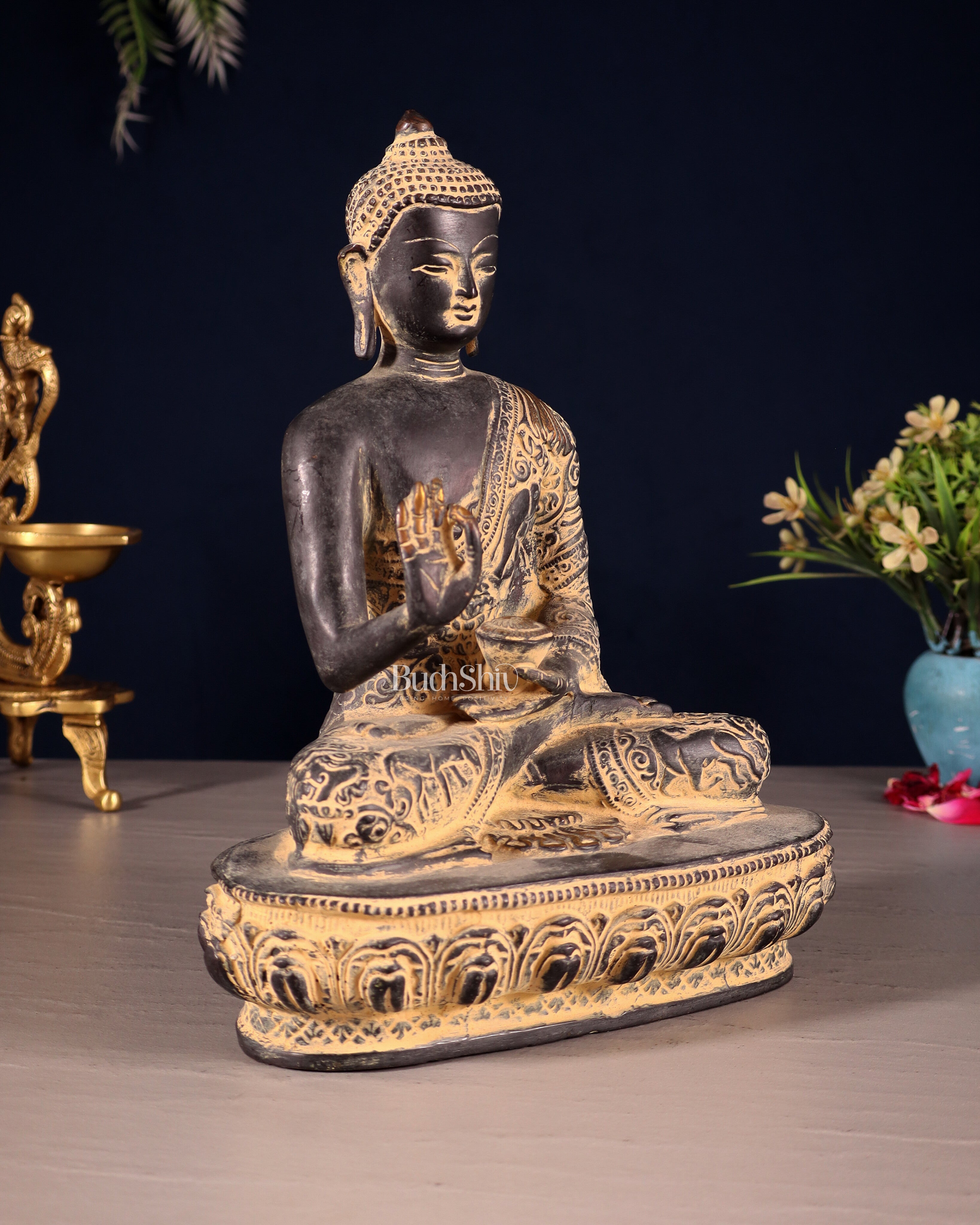 Pure Brass Buddha Statue with Animal Carvings – Sand Finish | 9.75"