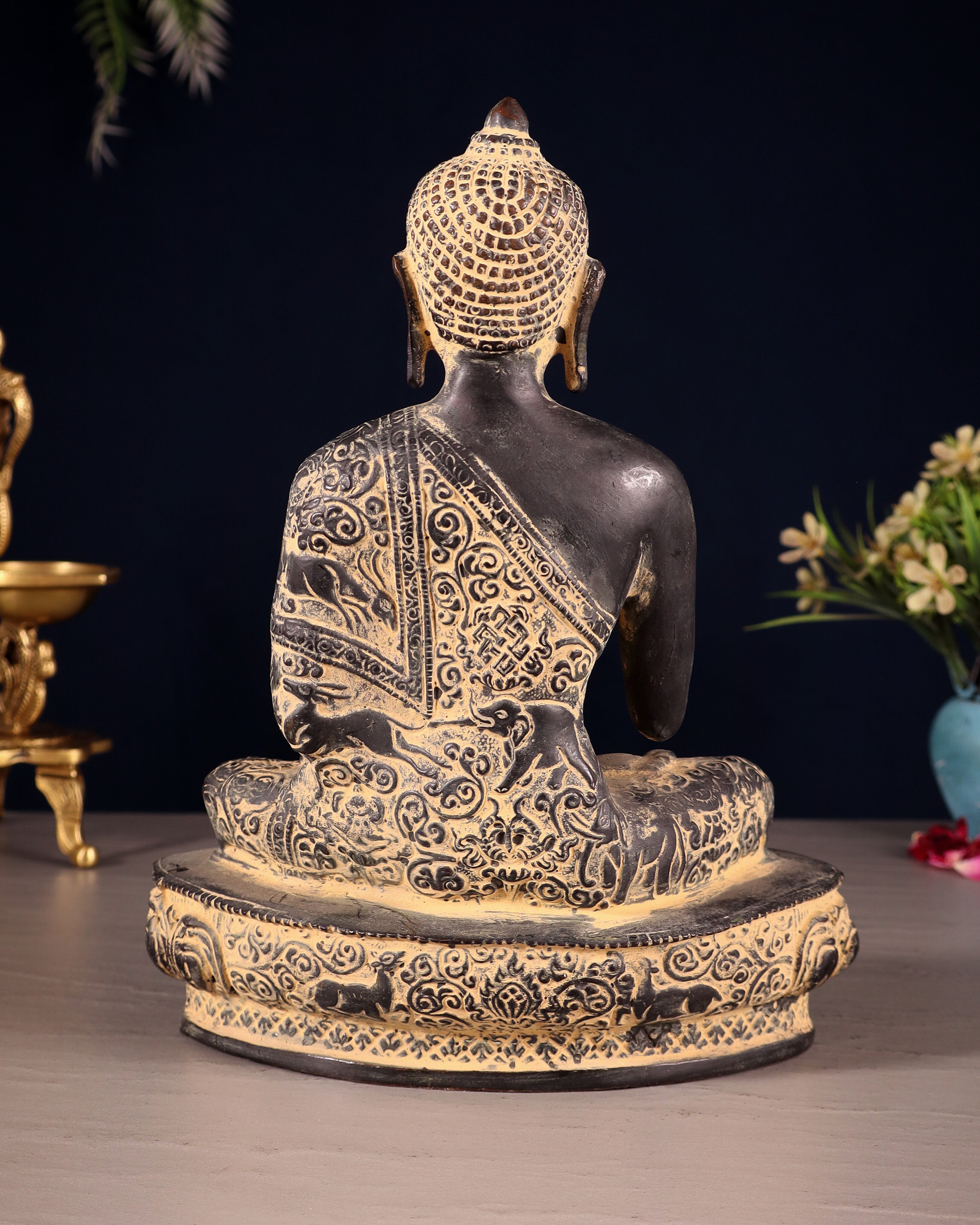 Pure Brass Buddha Statue with Animal Carvings – Sand Finish | 9.75"