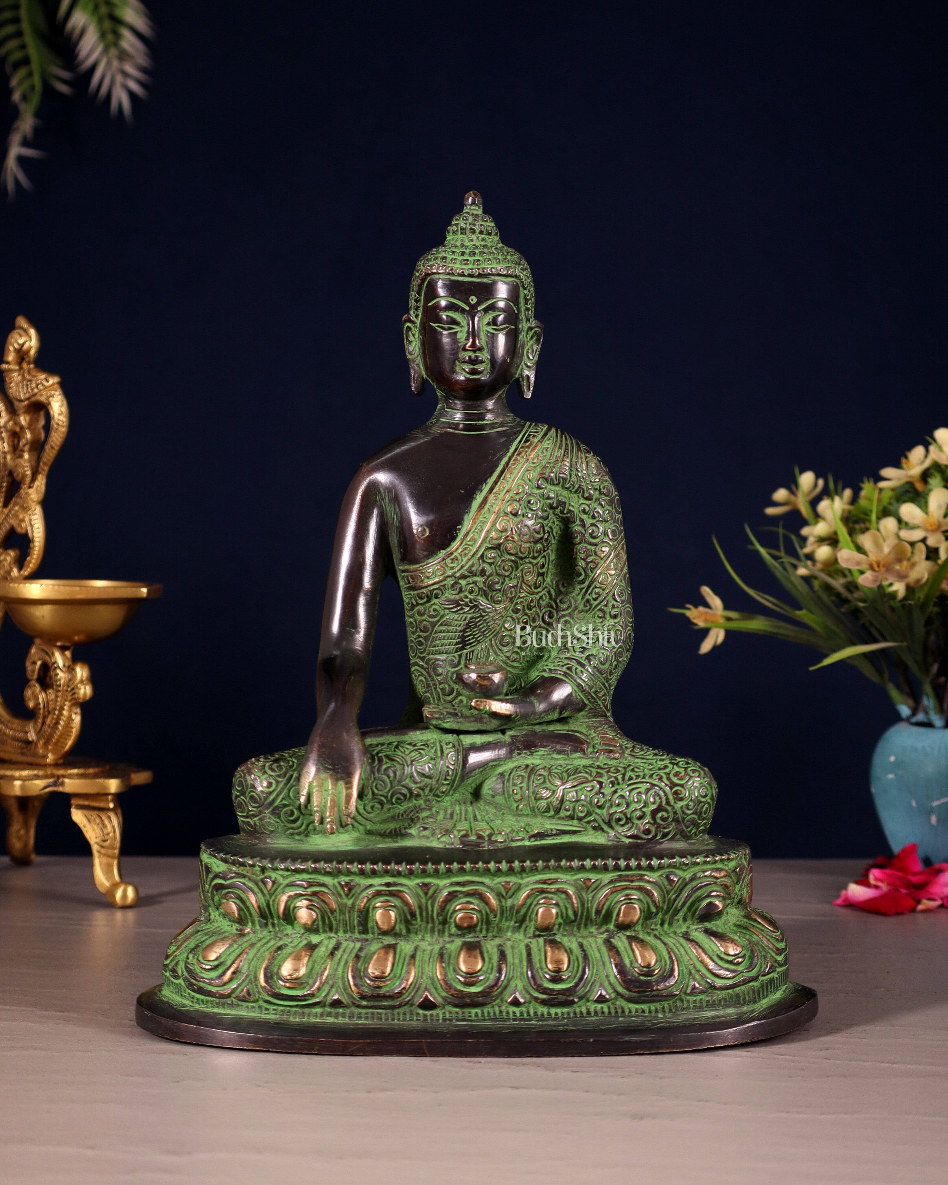 Pure Brass Nirvana Buddha with Carvings – Black & Green Tone | 9"