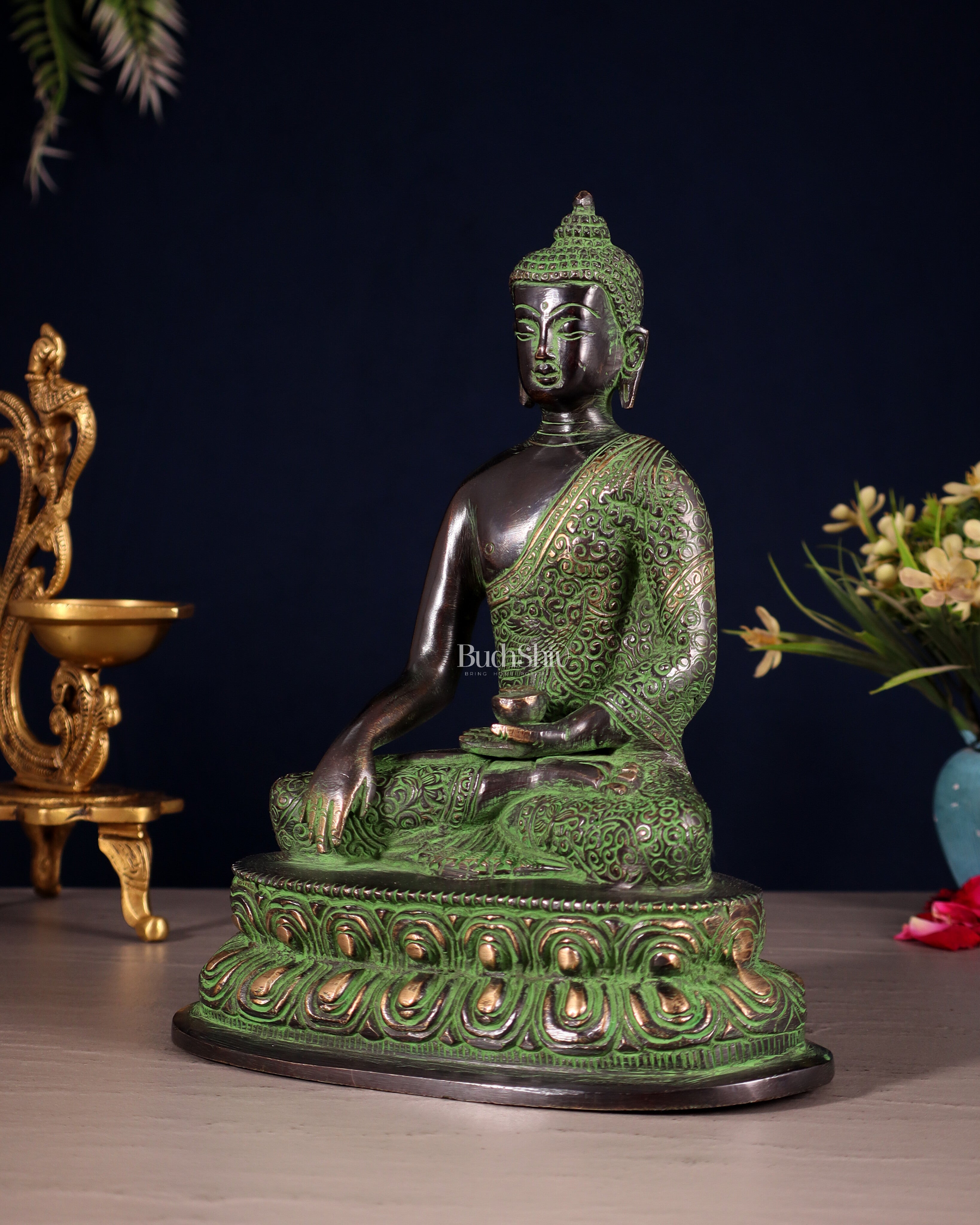 Pure Brass Nirvana Buddha with Carvings – Black & Green Tone | 9"