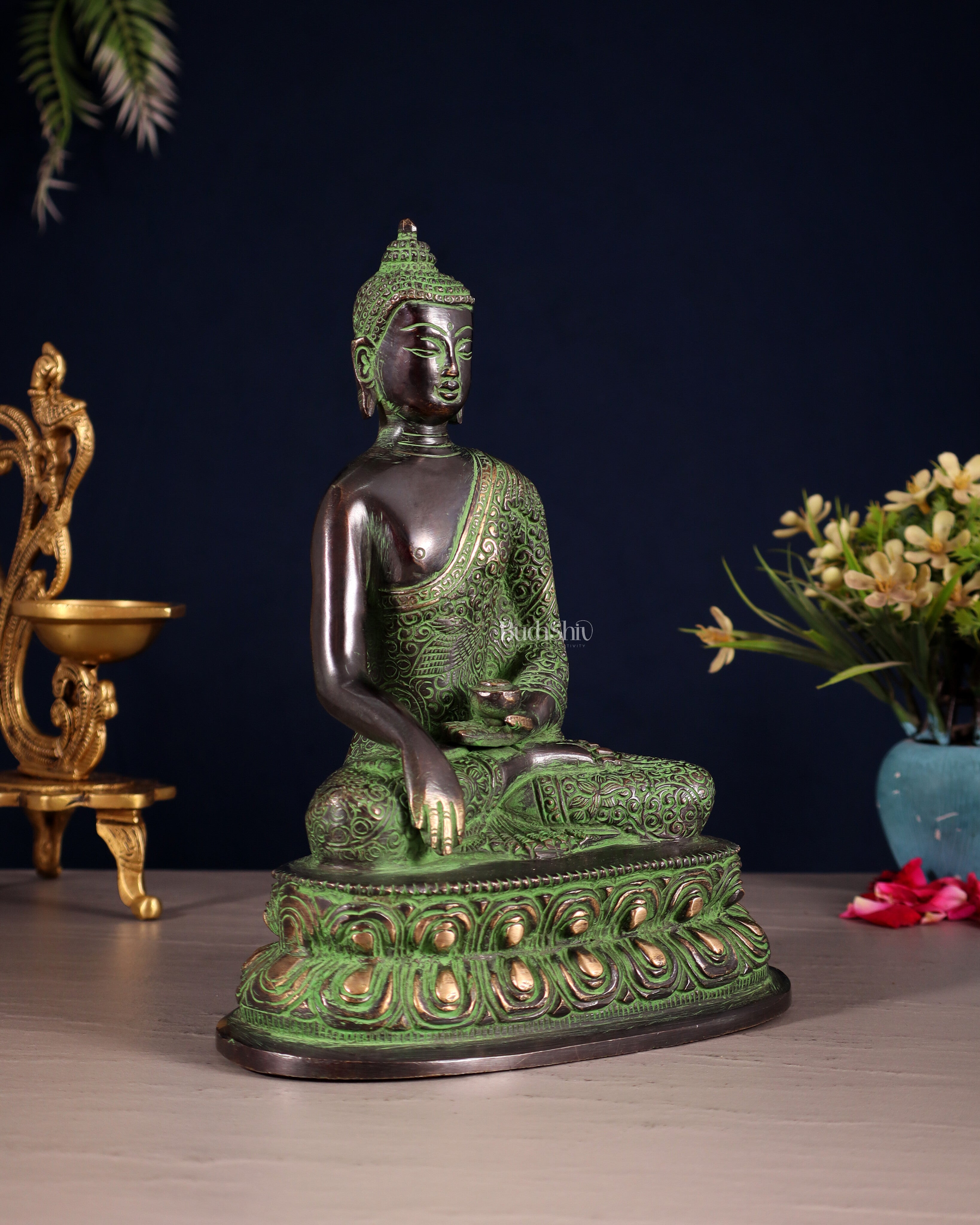 Pure Brass Nirvana Buddha with Carvings – Black & Green Tone | 9"