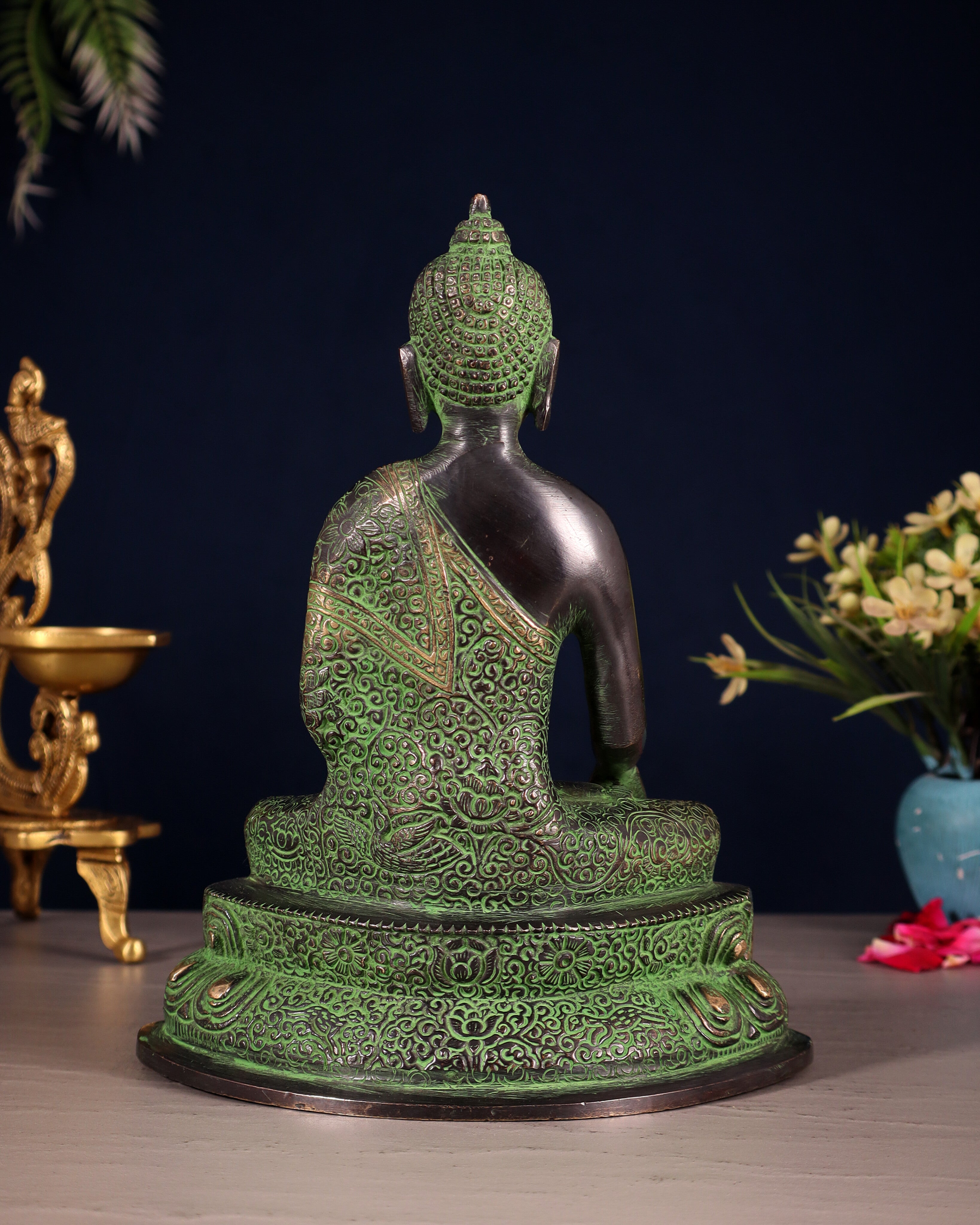 Pure Brass Nirvana Buddha with Carvings – Black & Green Tone | 9"