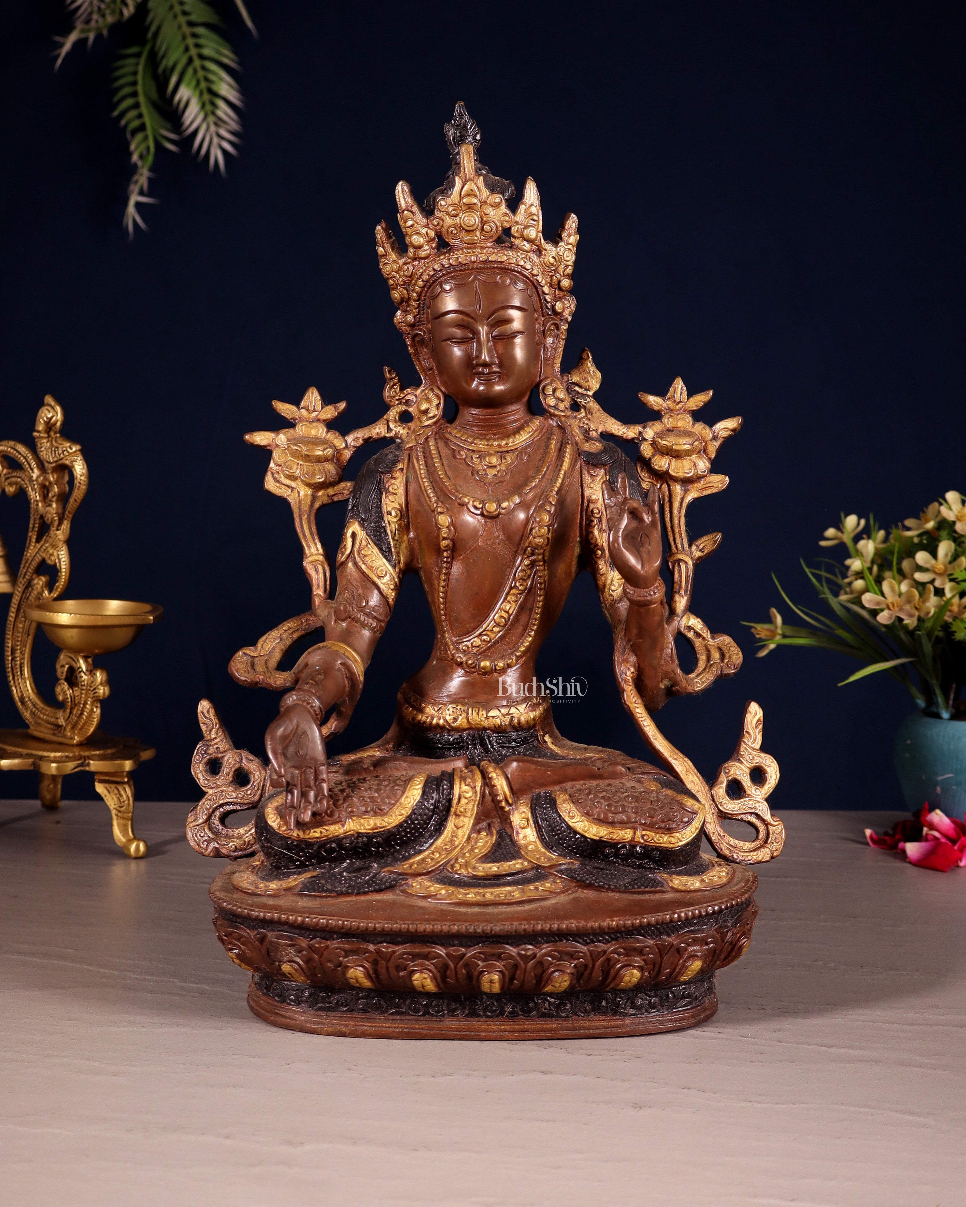 White Tara Pure Brass Statue – Nepalese Copper Tone | 12"
