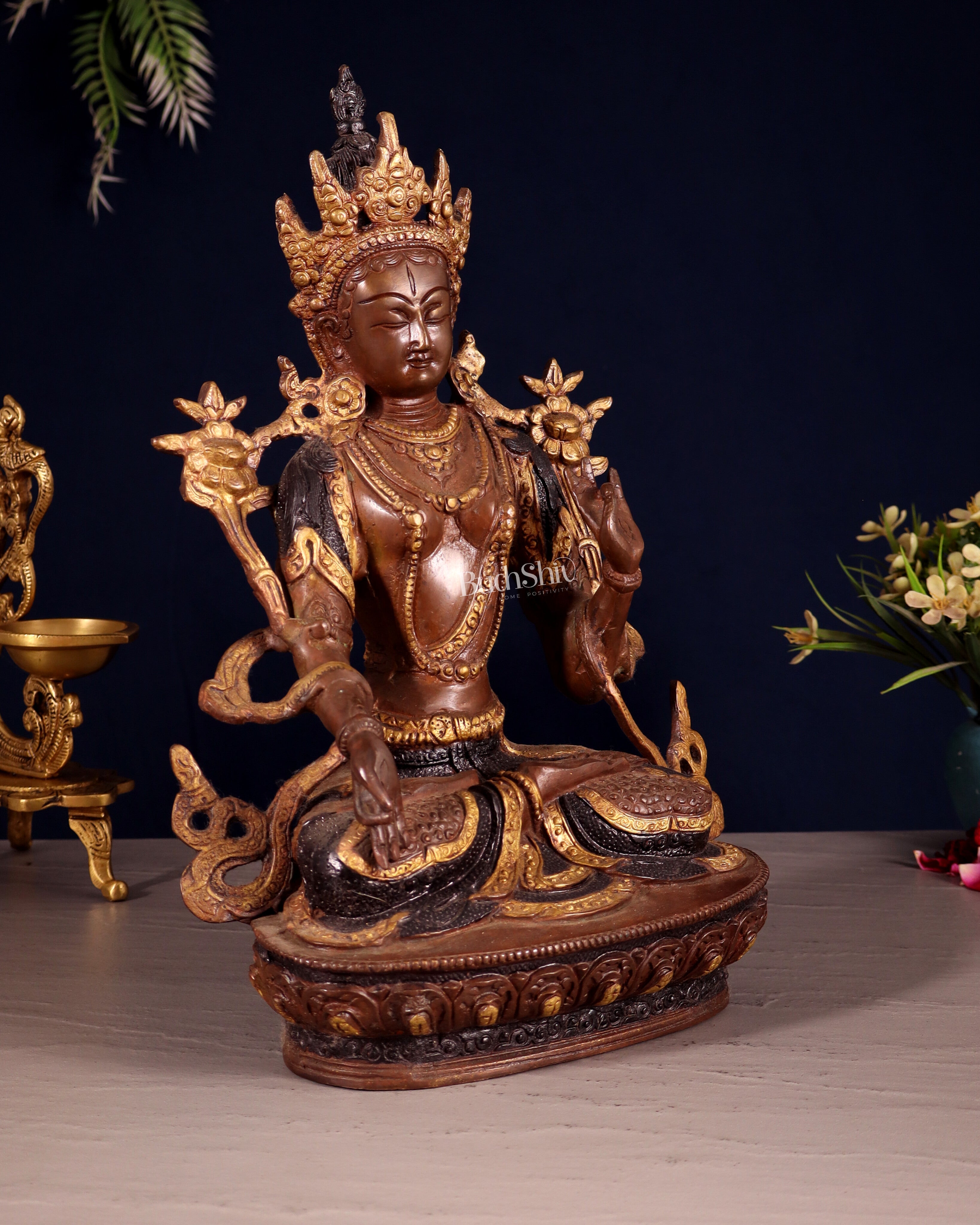 White Tara Pure Brass Statue – Nepalese Copper Tone | 12"