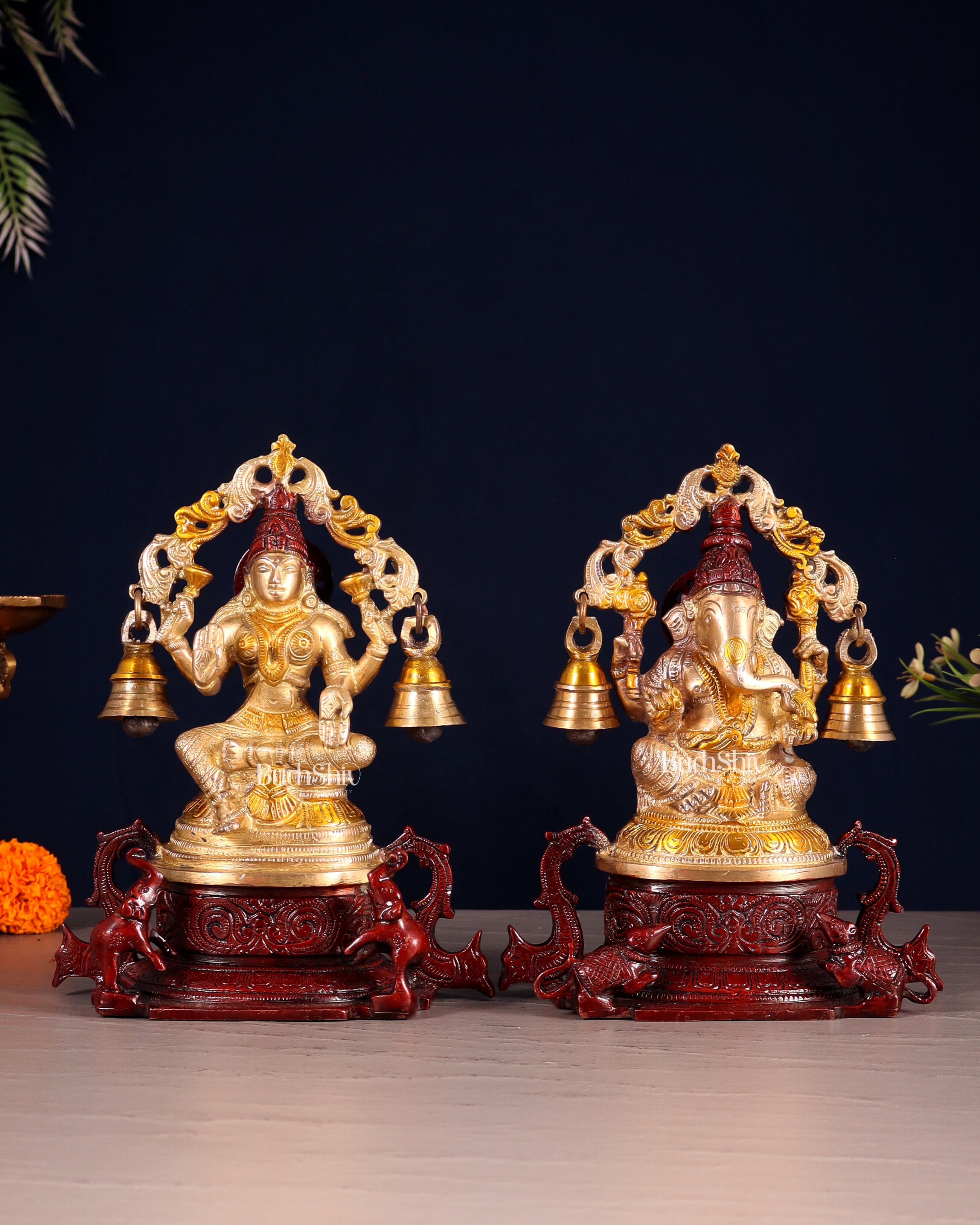 Pure Brass Ganesh Lakshmi Idol Pair with Prabhavali & Hanging Bells 8.2"