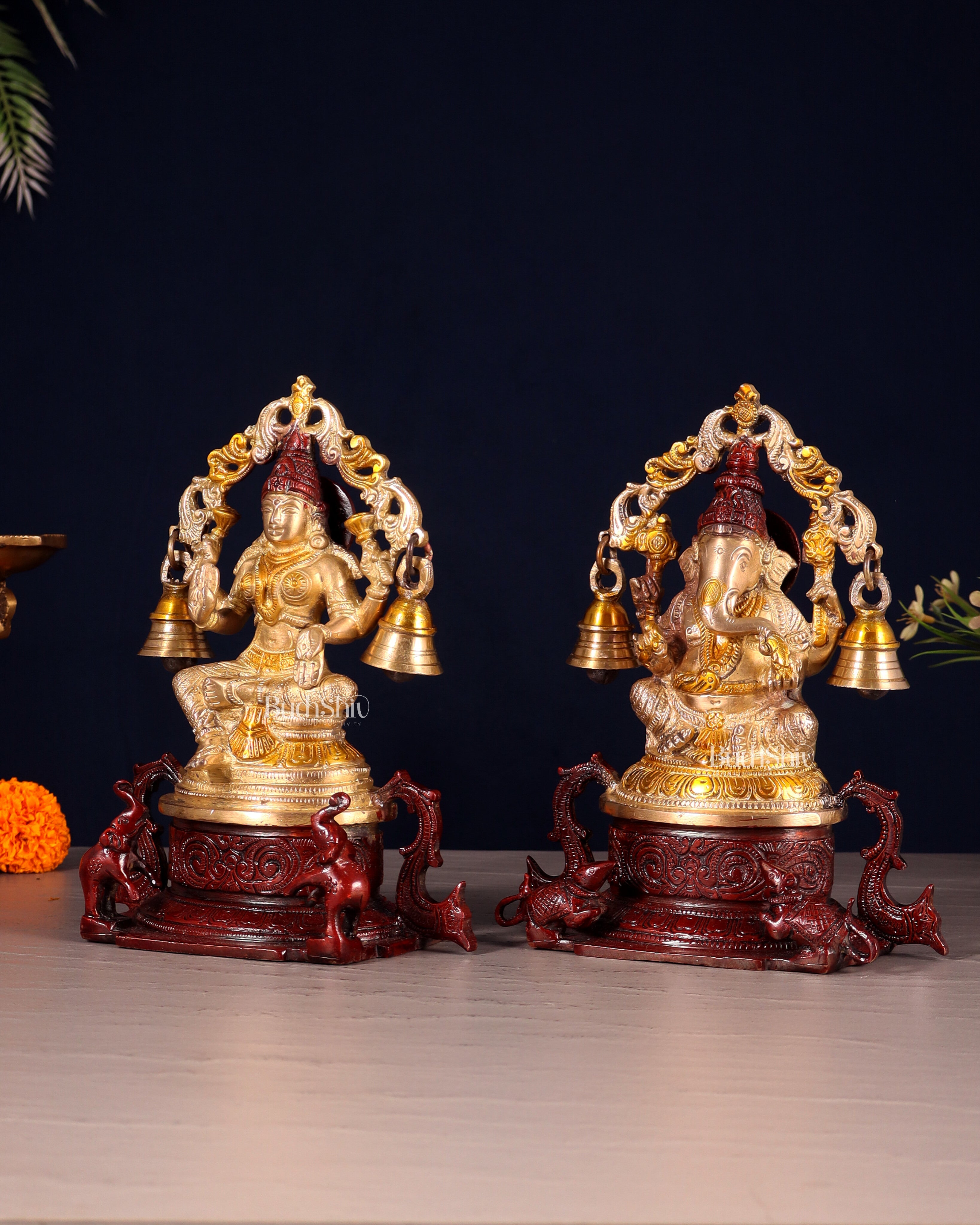 Pure Brass Ganesh Lakshmi Idol Pair with Prabhavali & Hanging Bells 8.2"