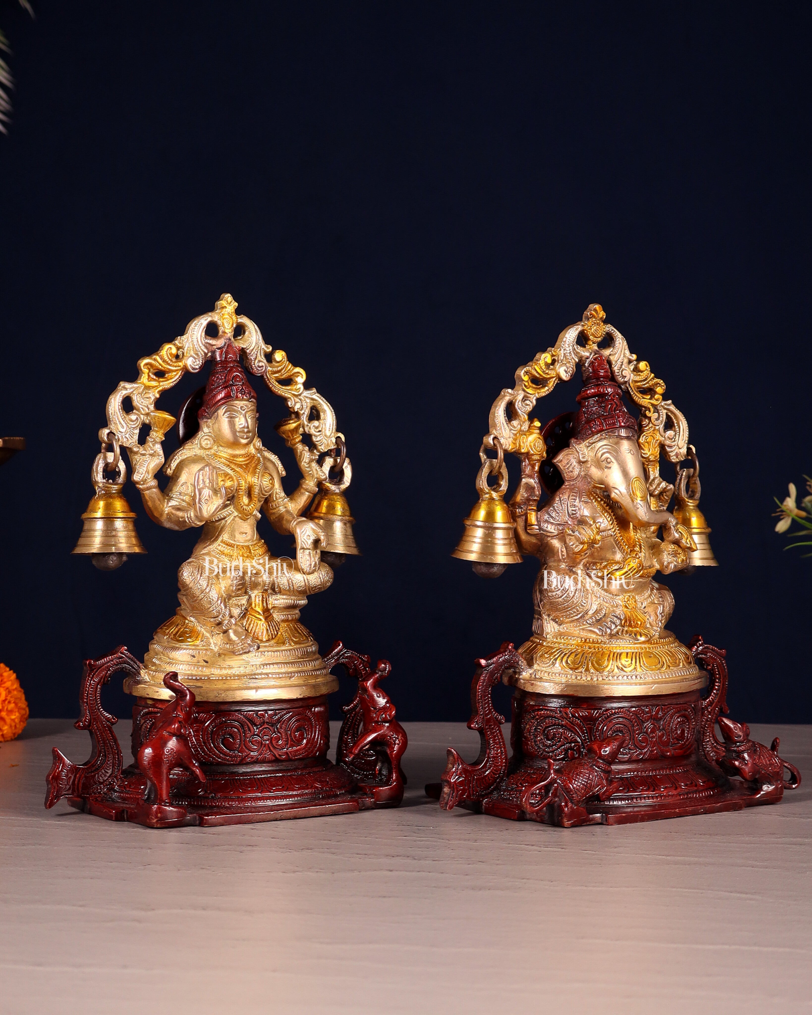 Pure Brass Ganesh Lakshmi Idol Pair with Prabhavali & Hanging Bells 8.2"