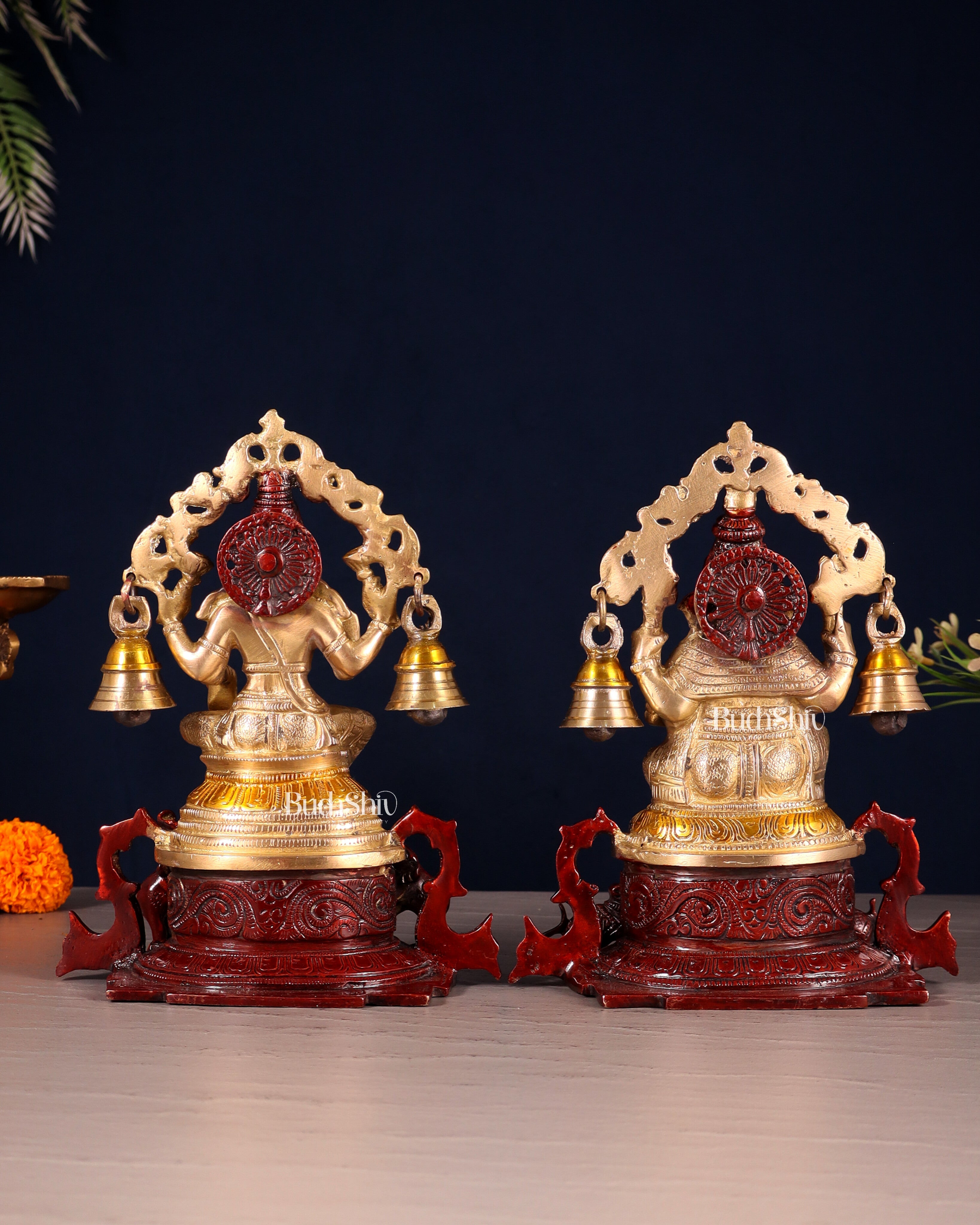 Pure Brass Ganesh Lakshmi Idol Pair with Prabhavali & Hanging Bells 8.2"