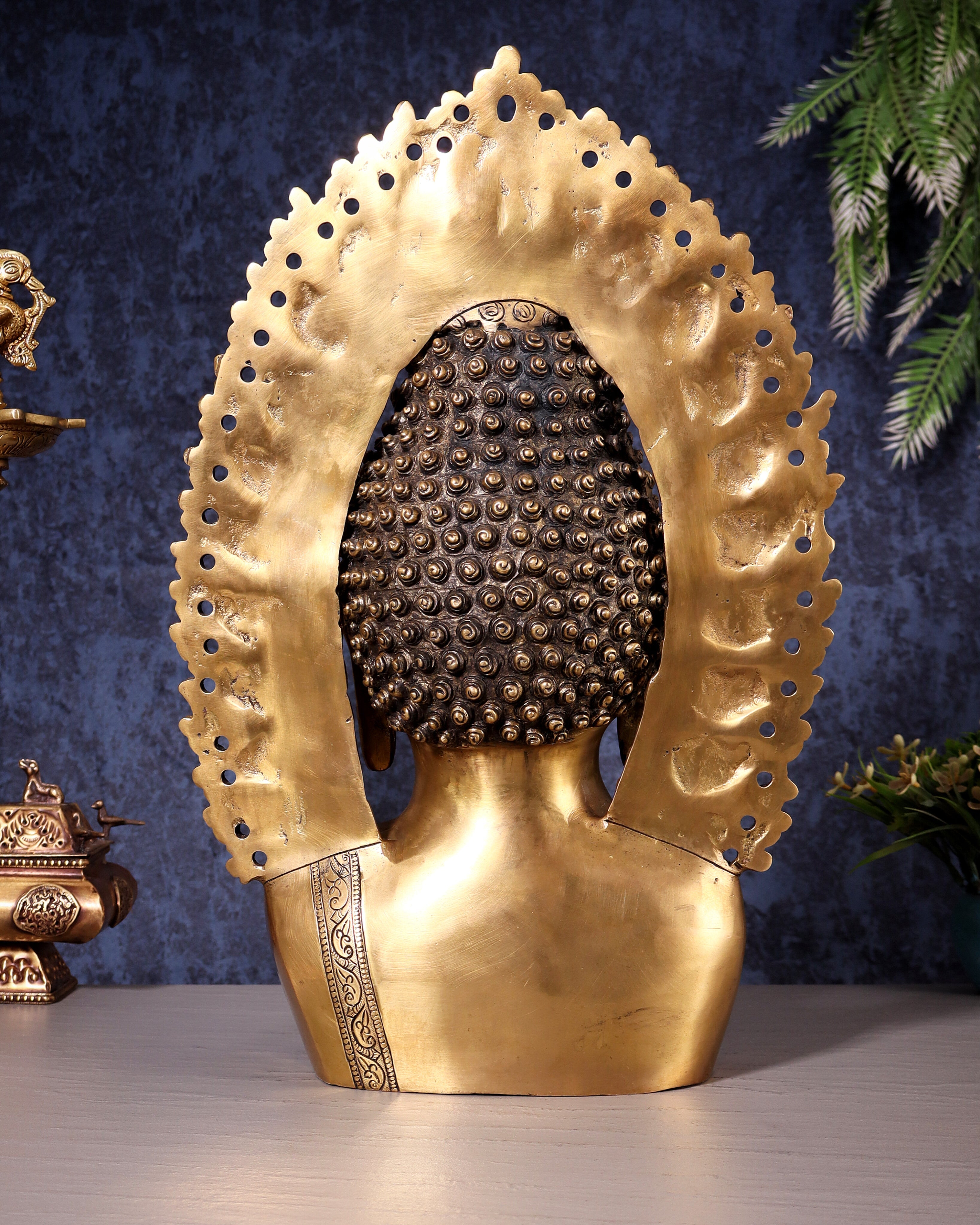 Pure Brass Large Buddha Bust Face Sculpture with Aureole Arch – 18.2" Height
