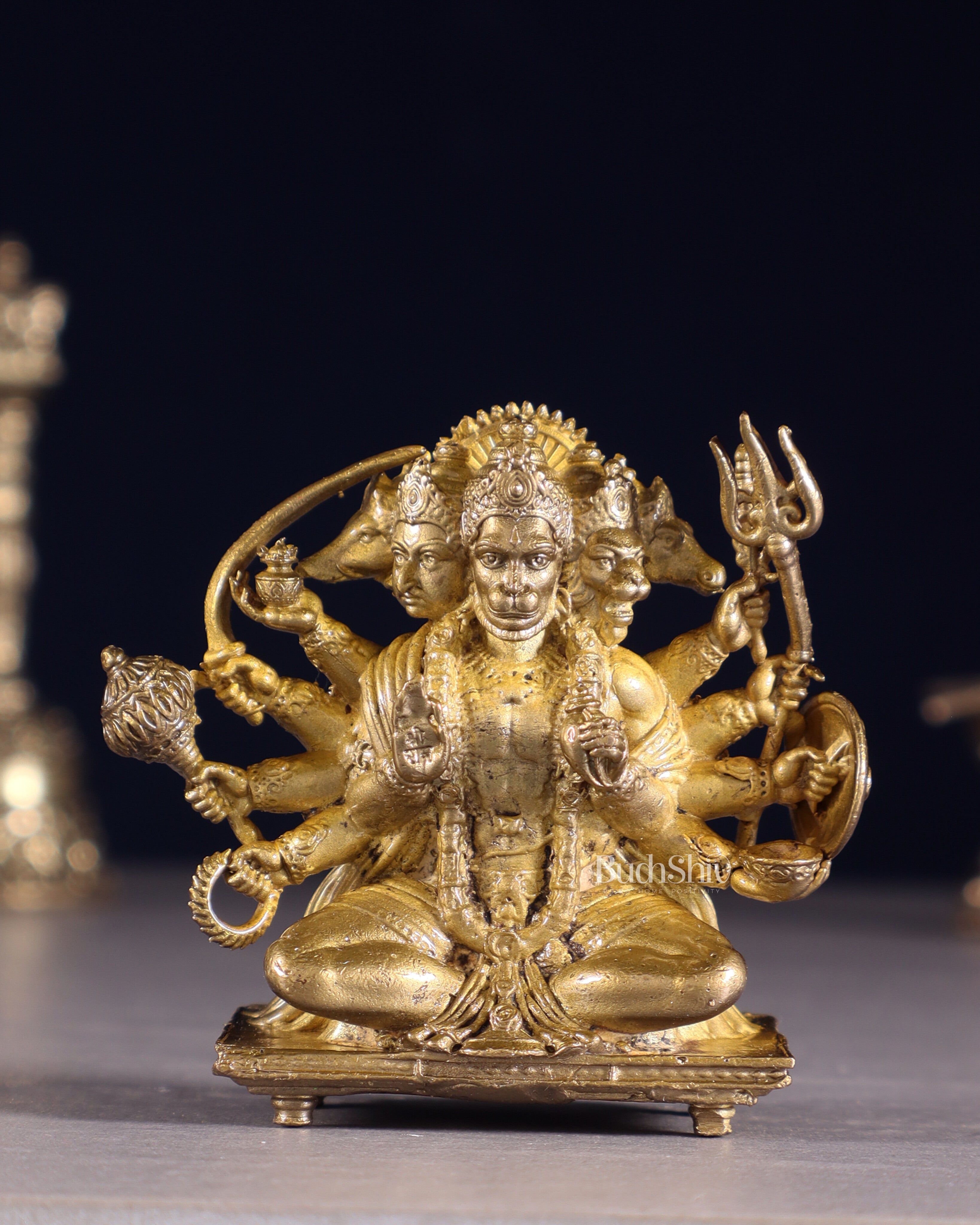 Brass Pure Bronze Panchaloha Panchmukhi Hanuman Hanuman Idol with Crossed Legs – 2.5"