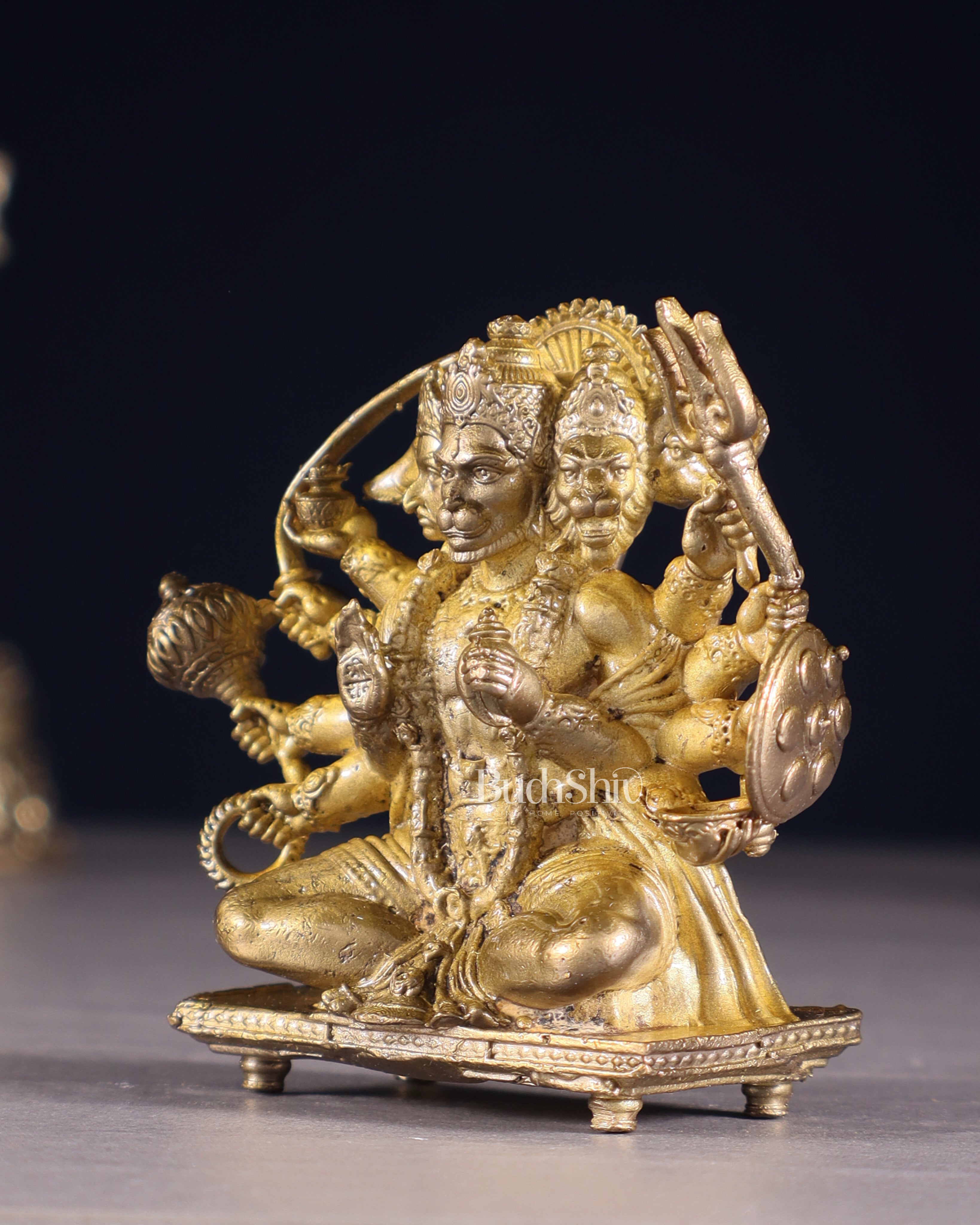 Brass Pure Bronze Panchaloha Panchmukhi Hanuman Hanuman Idol with Crossed Legs – 2.5"