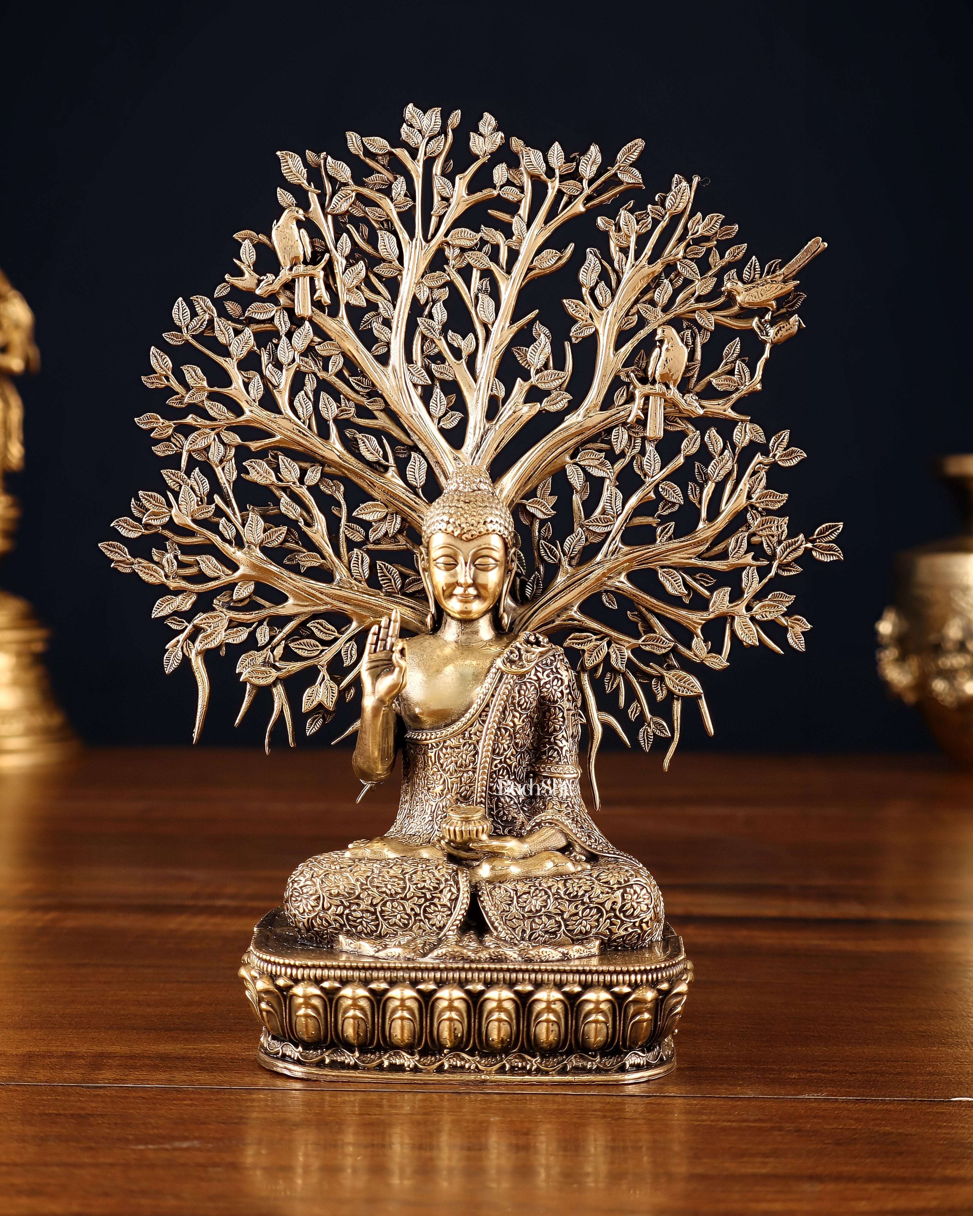 Superfine Brass Lord Buddha with Bodhi Tree Idol 6.5"
