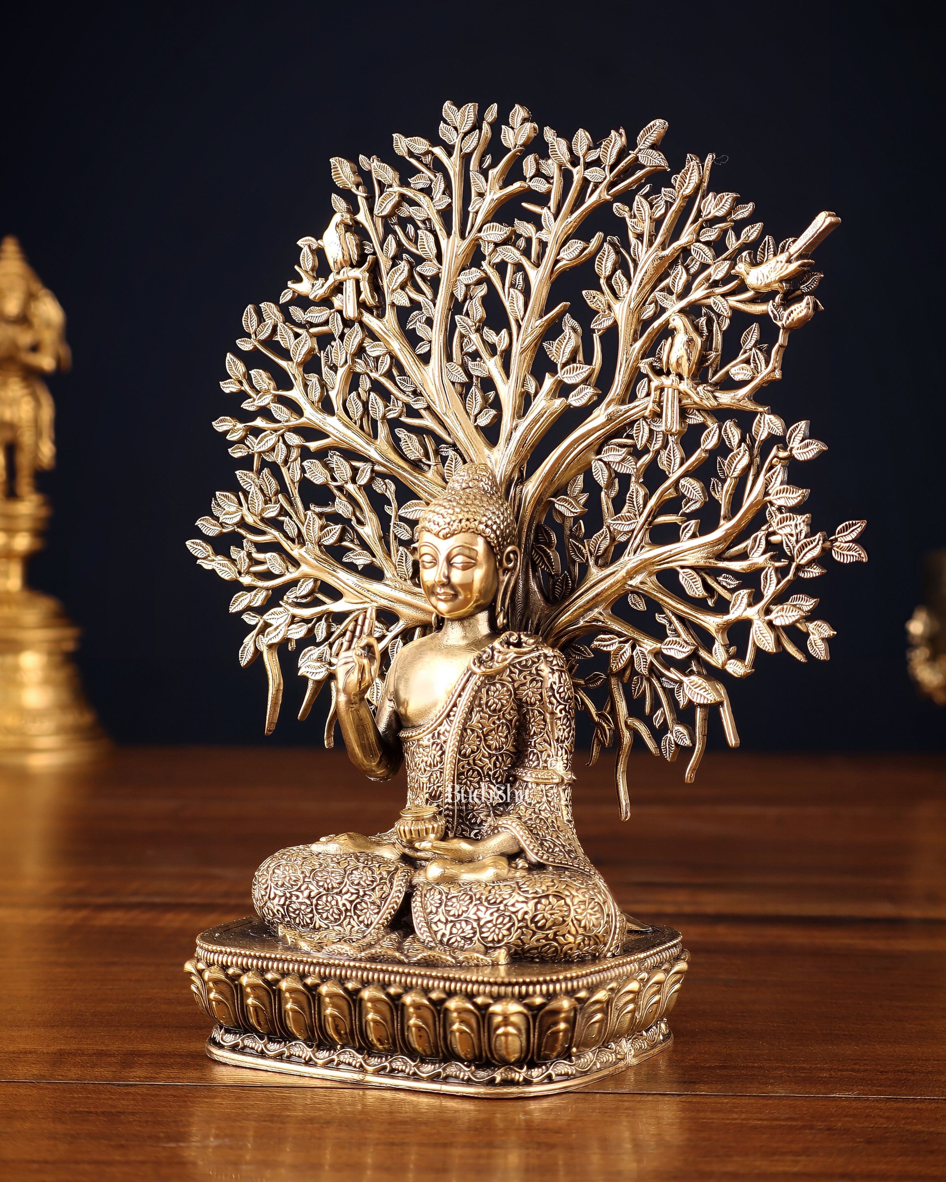 Superfine Brass Lord Buddha with Bodhi Tree Idol 6.5"