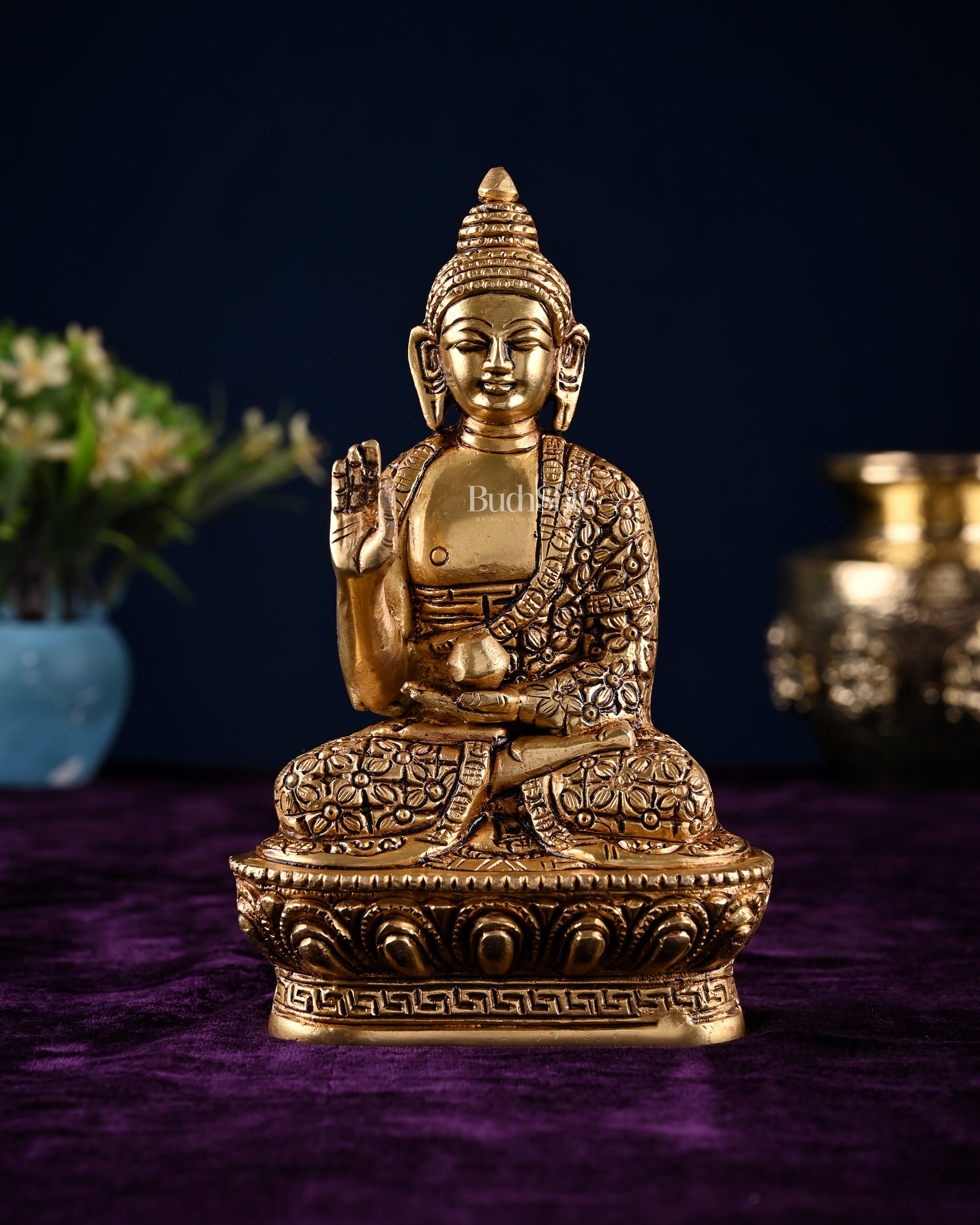 Brass blessing Buddha Idol antique tone | 7"