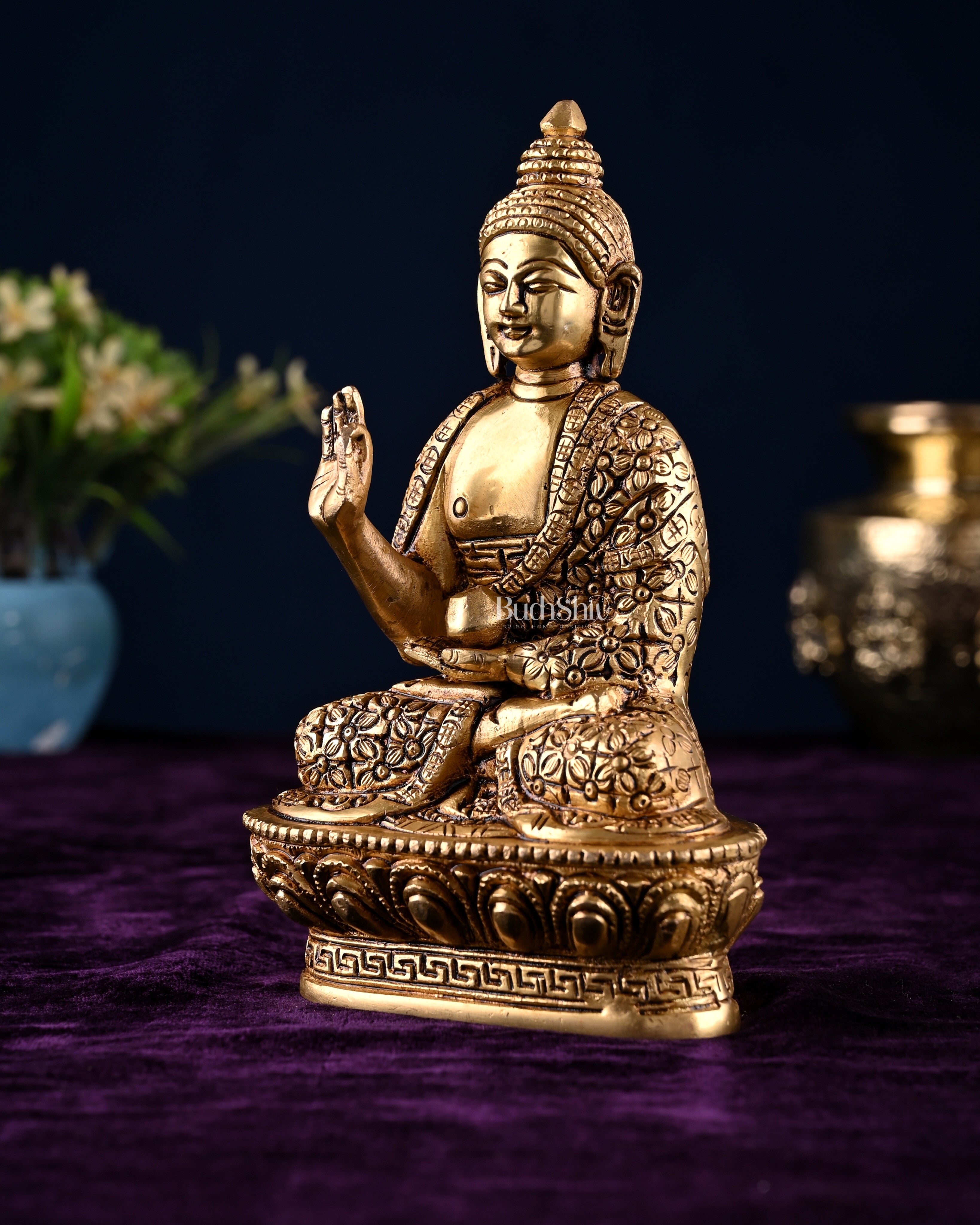 Brass blessing Buddha Idol antique tone | 7"