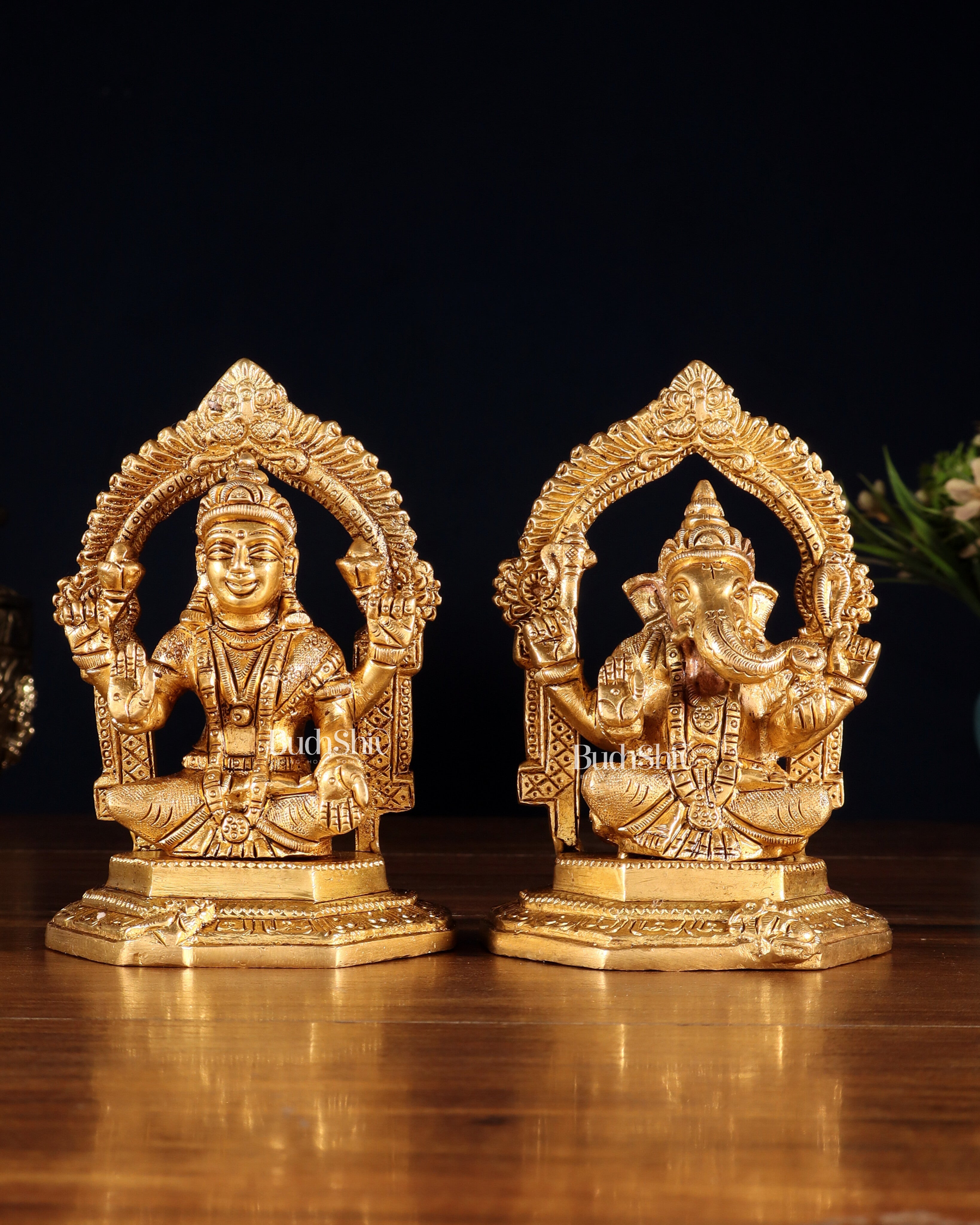 Pure Brass Lord Ganesha & Goddess Lakshmi Idols – Handcrafted Divine Pair 5"